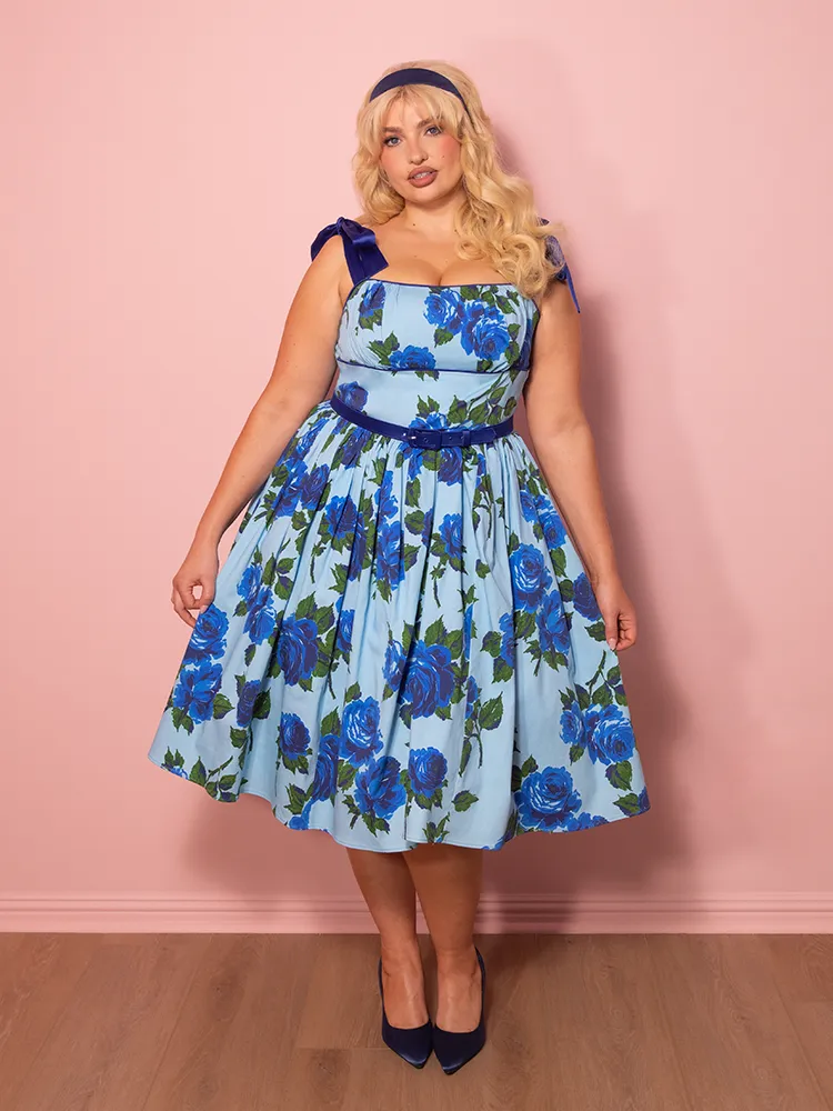 1950s Swing Sundress and Scarf in Blue Vintage Roses - Vixen by Micheline Pitt soft armor