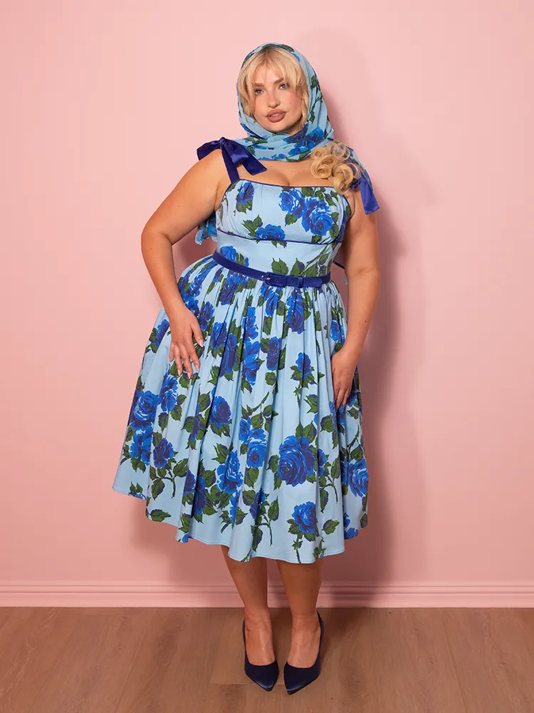1950s Swing Sundress and Scarf in Blue Vintage Roses - Vixen by Micheline Pitt soft armor