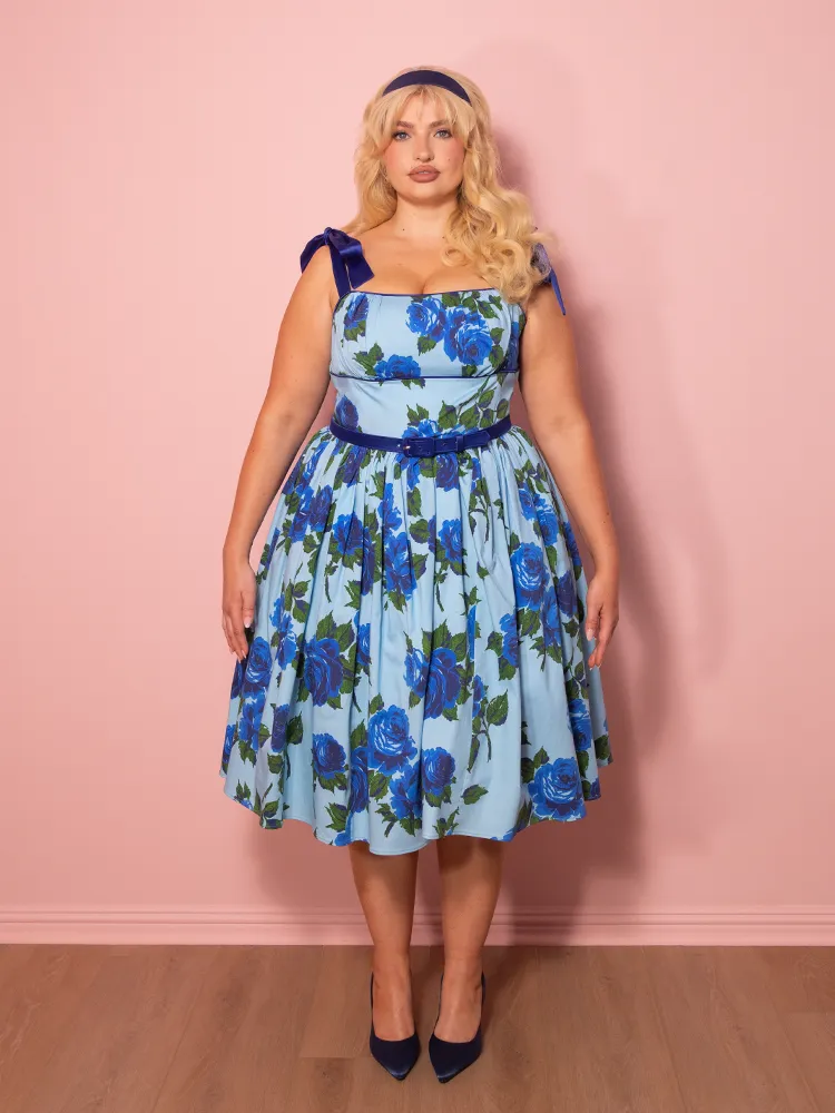 1950s Swing Sundress and Scarf in Blue Vintage Roses - Vixen by Micheline Pitt soft armor