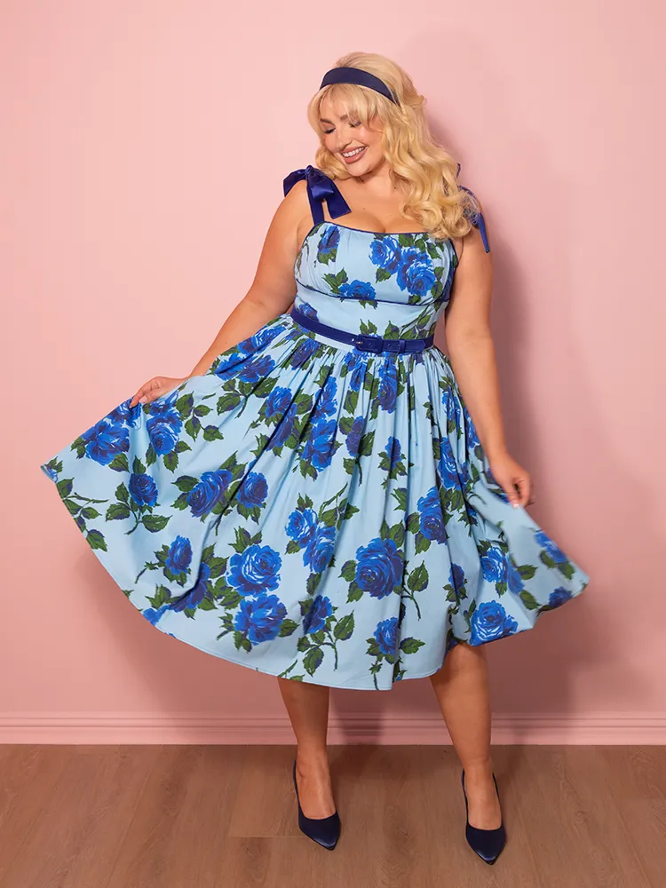 1950s Swing Sundress and Scarf in Blue Vintage Roses - Vixen by Micheline Pitt soft armor