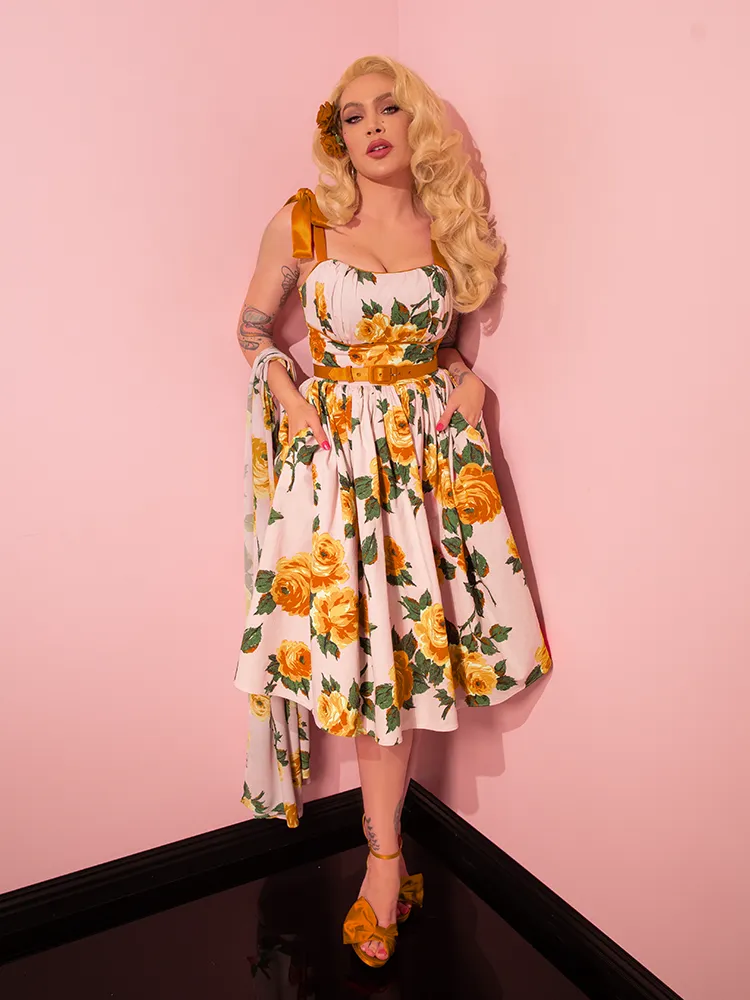 1950s Swing Sundress and Scarf in Yellow Vintage Roses - Vixen by Micheline Pitt skin clean