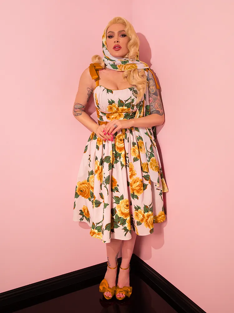1950s Swing Sundress and Scarf in Yellow Vintage Roses - Vixen by Micheline Pitt skin clean
