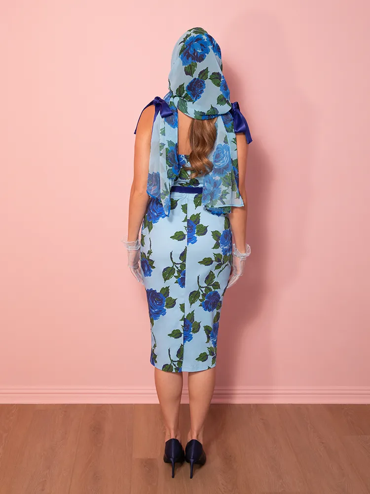 1950s Wiggle Sundress and Scarf in Blue Vintage Roses - Vixen by Micheline Pitt quick wear