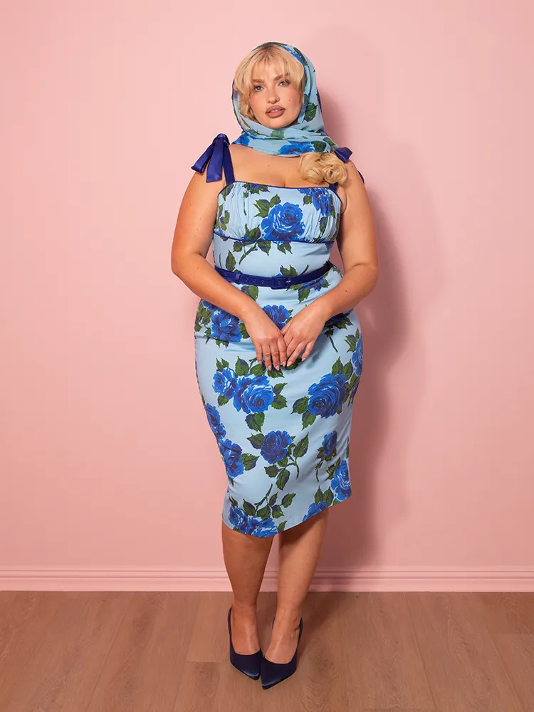1950s Wiggle Sundress and Scarf in Blue Vintage Roses - Vixen by Micheline Pitt quick wear