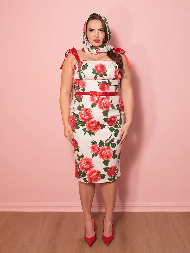 1950s Wiggle Sundress and Scarf in Red Vintage Roses - Vixen by Micheline Pitt walk set