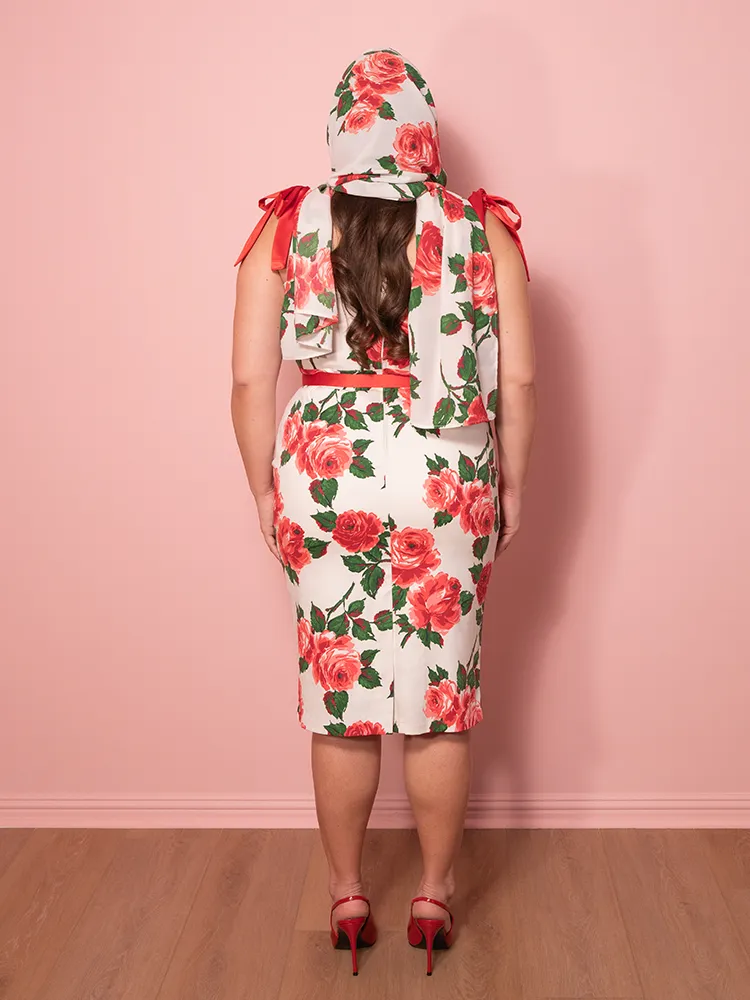 1950s Wiggle Sundress and Scarf in Red Vintage Roses - Vixen by Micheline Pitt walk set