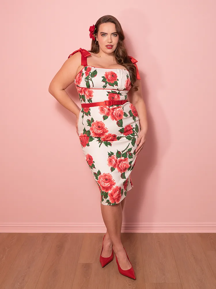 1950s Wiggle Sundress and Scarf in Red Vintage Roses - Vixen by Micheline Pitt walk set