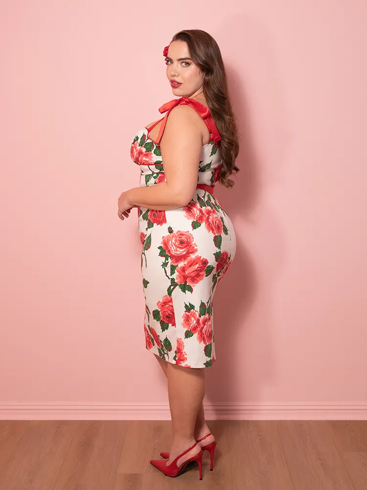 1950s Wiggle Sundress and Scarf in Red Vintage Roses - Vixen by Micheline Pitt walk set