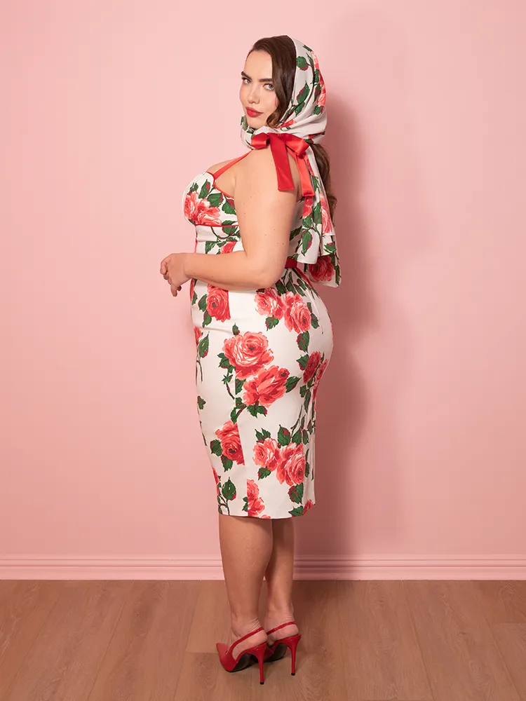 1950s Wiggle Sundress and Scarf in Red Vintage Roses - Vixen by Micheline Pitt walk set