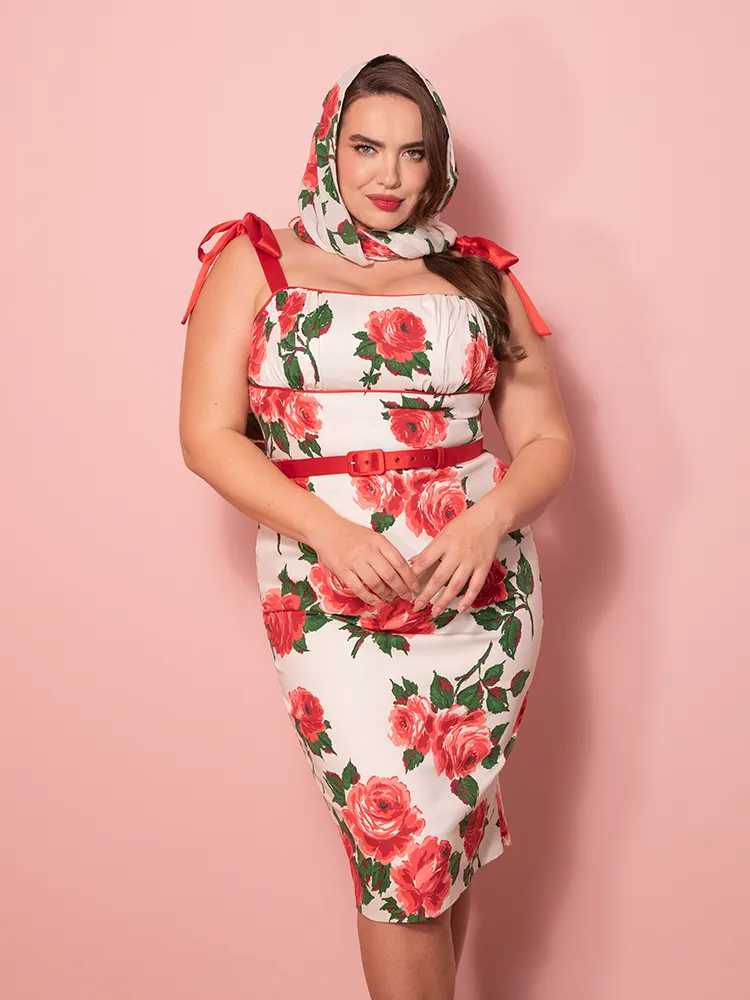 1950s Wiggle Sundress and Scarf in Red Vintage Roses - Vixen by Micheline Pitt walk set