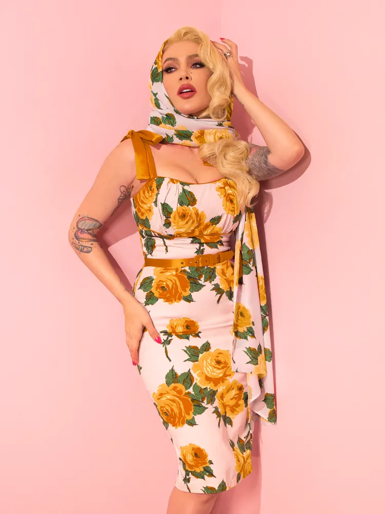 1950s Wiggle Sundress and Scarf in Yellow Vintage Roses - Vixen by Micheline Pitt breathe well