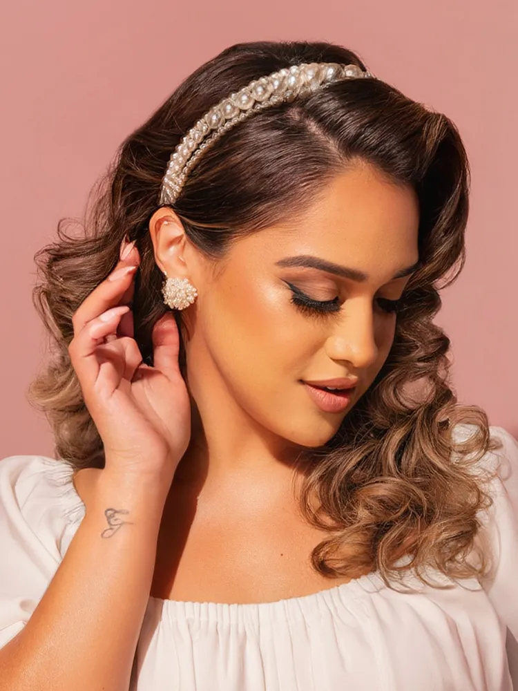 3-Strand Faux Pearl and Rhinestone Headband in Ivory retro muse