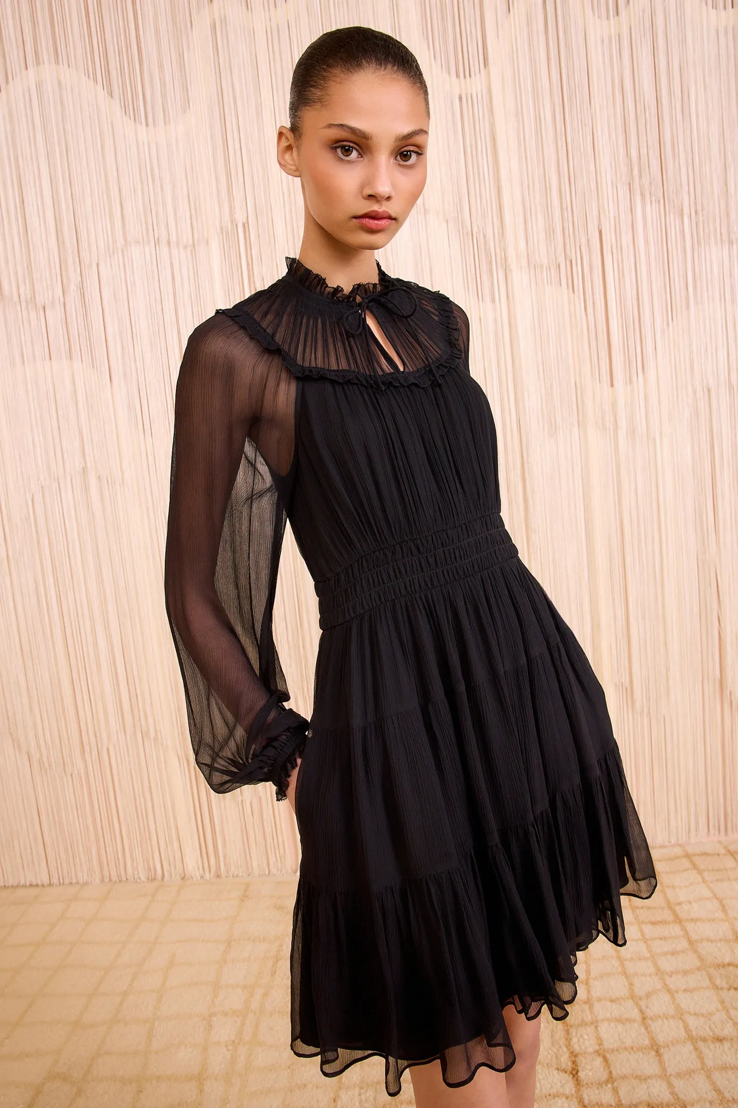 Ava Silk Long Sleeve Mini Dress - Noir family joy