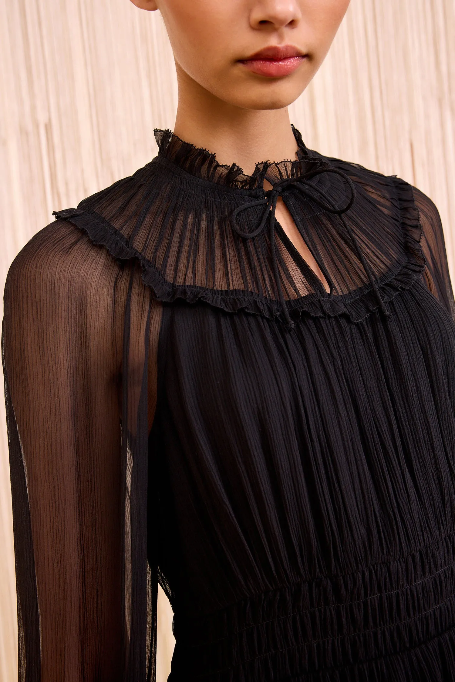 Ava Silk Long Sleeve Mini Dress - Noir family joy