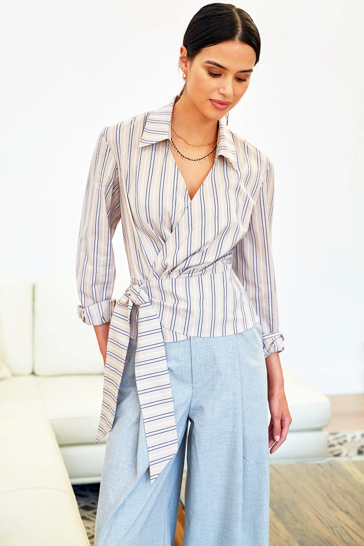 Avalon V-Neck Wrap Shirt, Cafe Au Lait Stripe calm weather