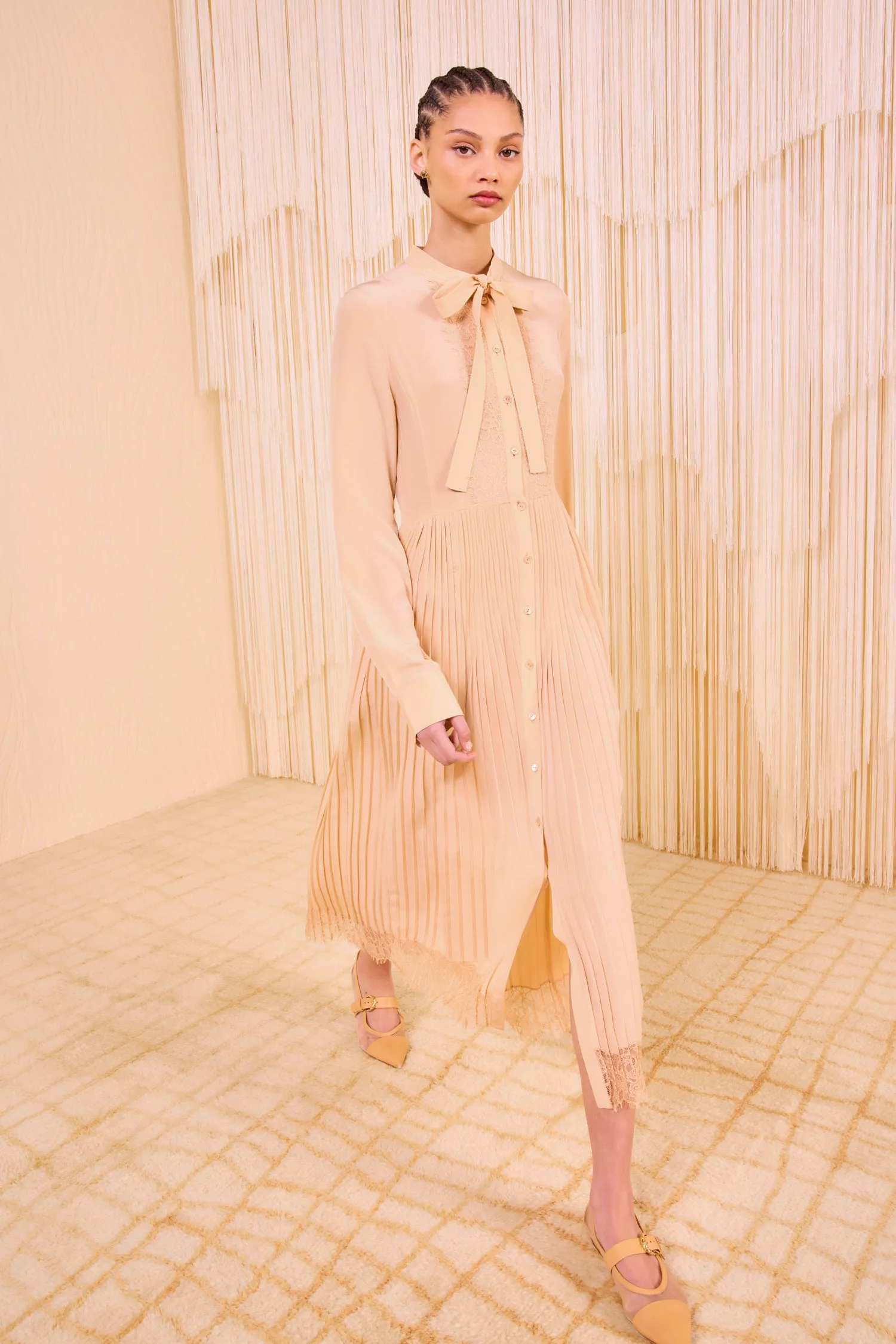 Aviana Long Sleeve Pleated Shirt Dress - Almond quiet sweet