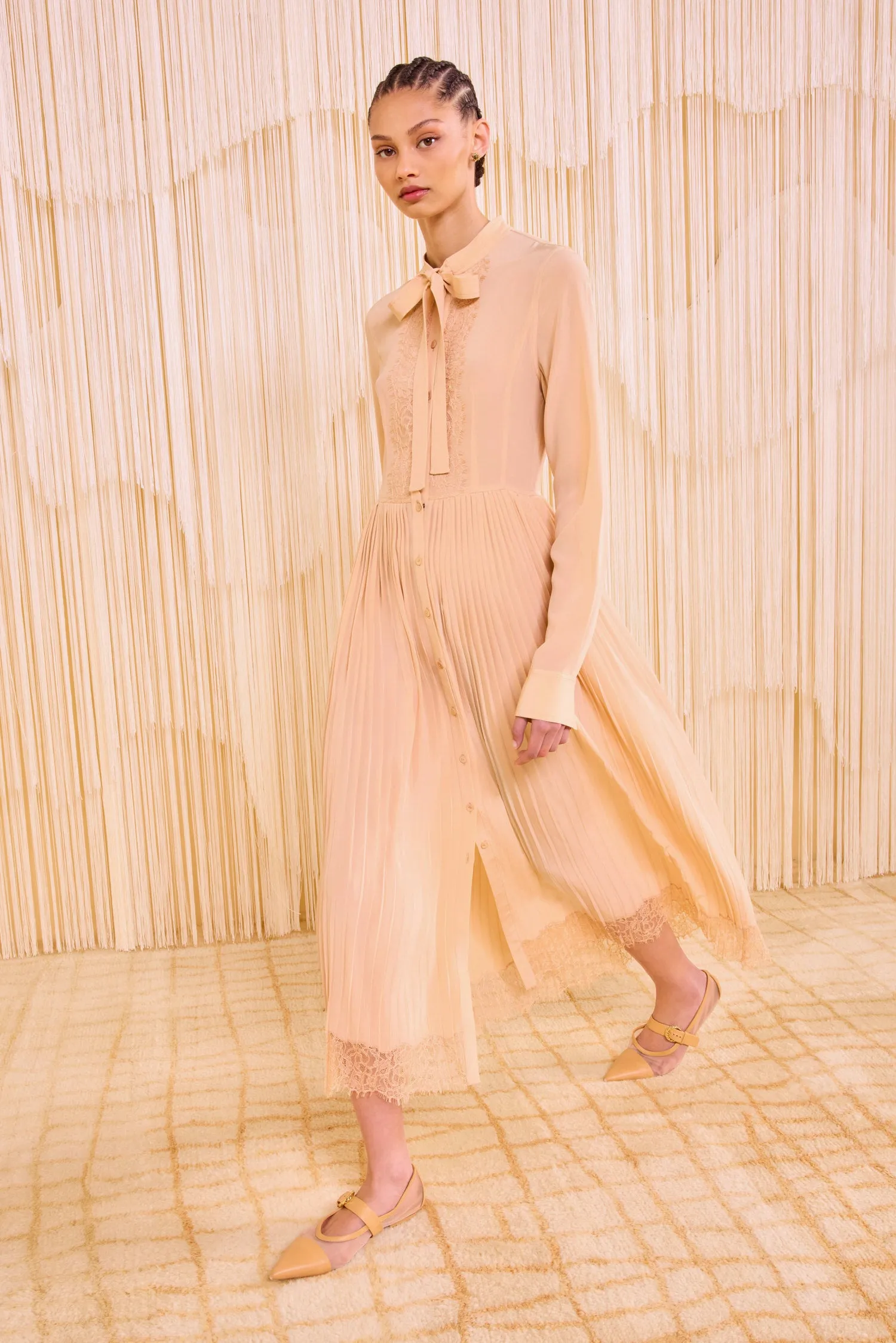 Aviana Long Sleeve Pleated Shirt Dress - Almond quiet sweet
