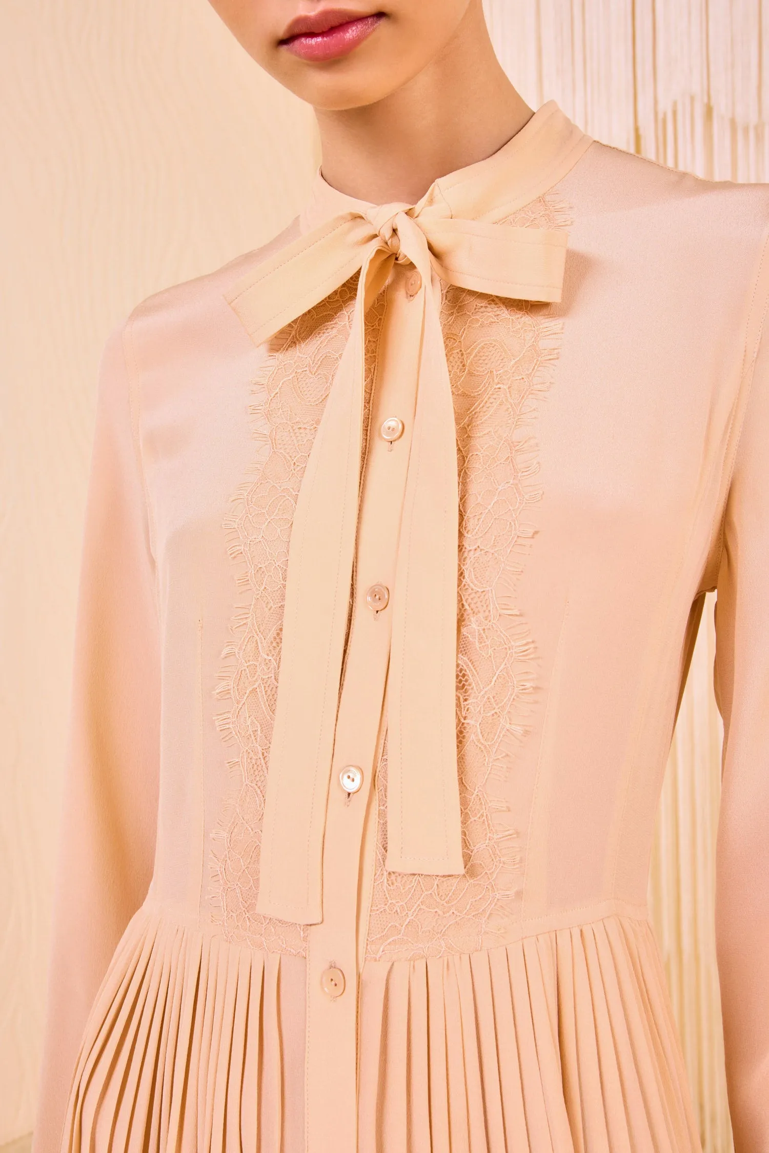 Aviana Long Sleeve Pleated Shirt Dress - Almond quiet sweet