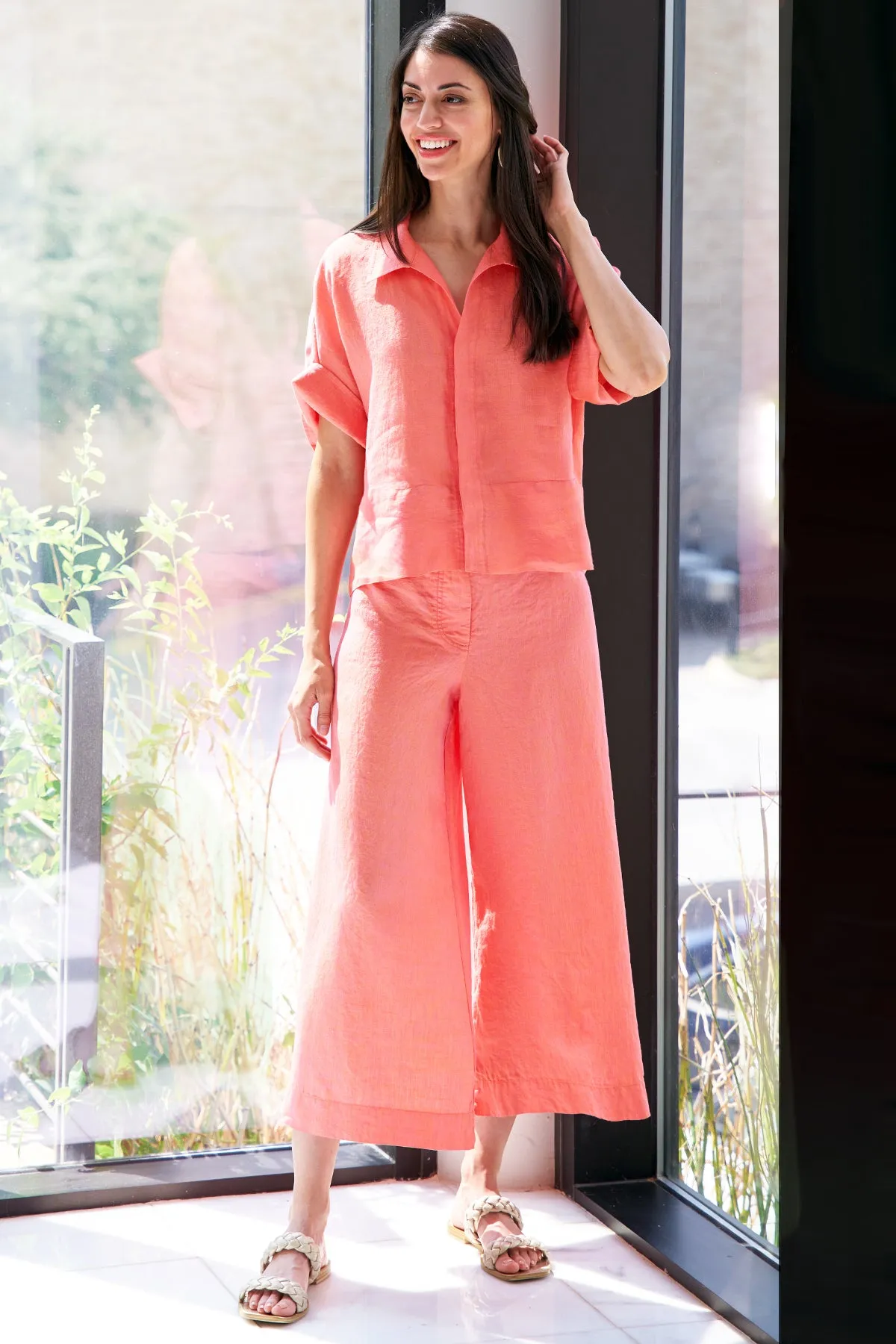 Bennett Washed Linen Cropped Blouse, Peony Pink soft silence