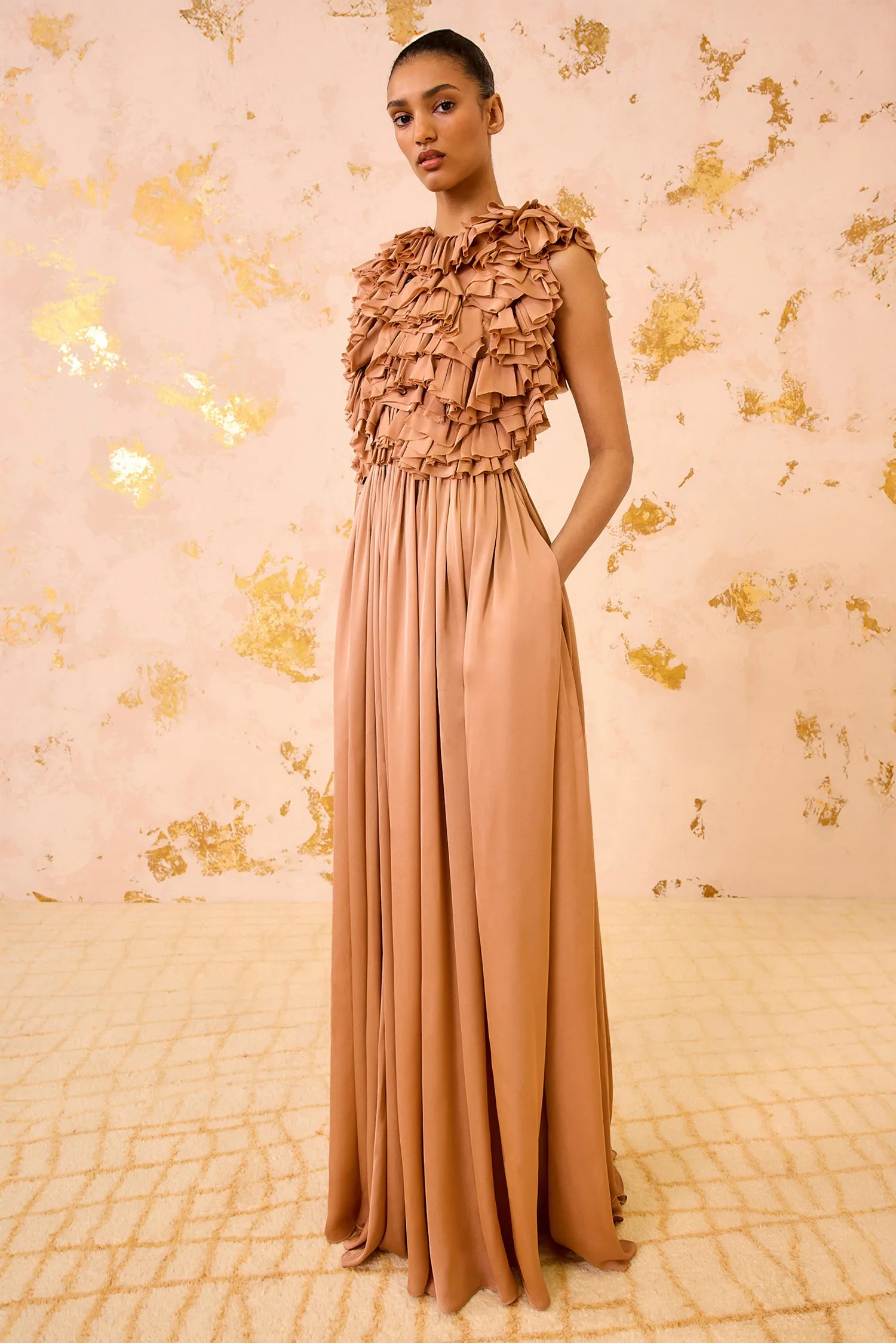 Byzantine Silk Backless Gown - Desert Rose move easy
