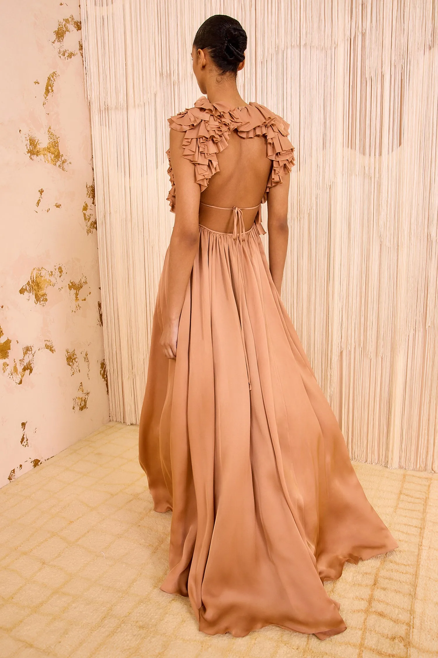 Byzantine Silk Backless Gown - Desert Rose move easy