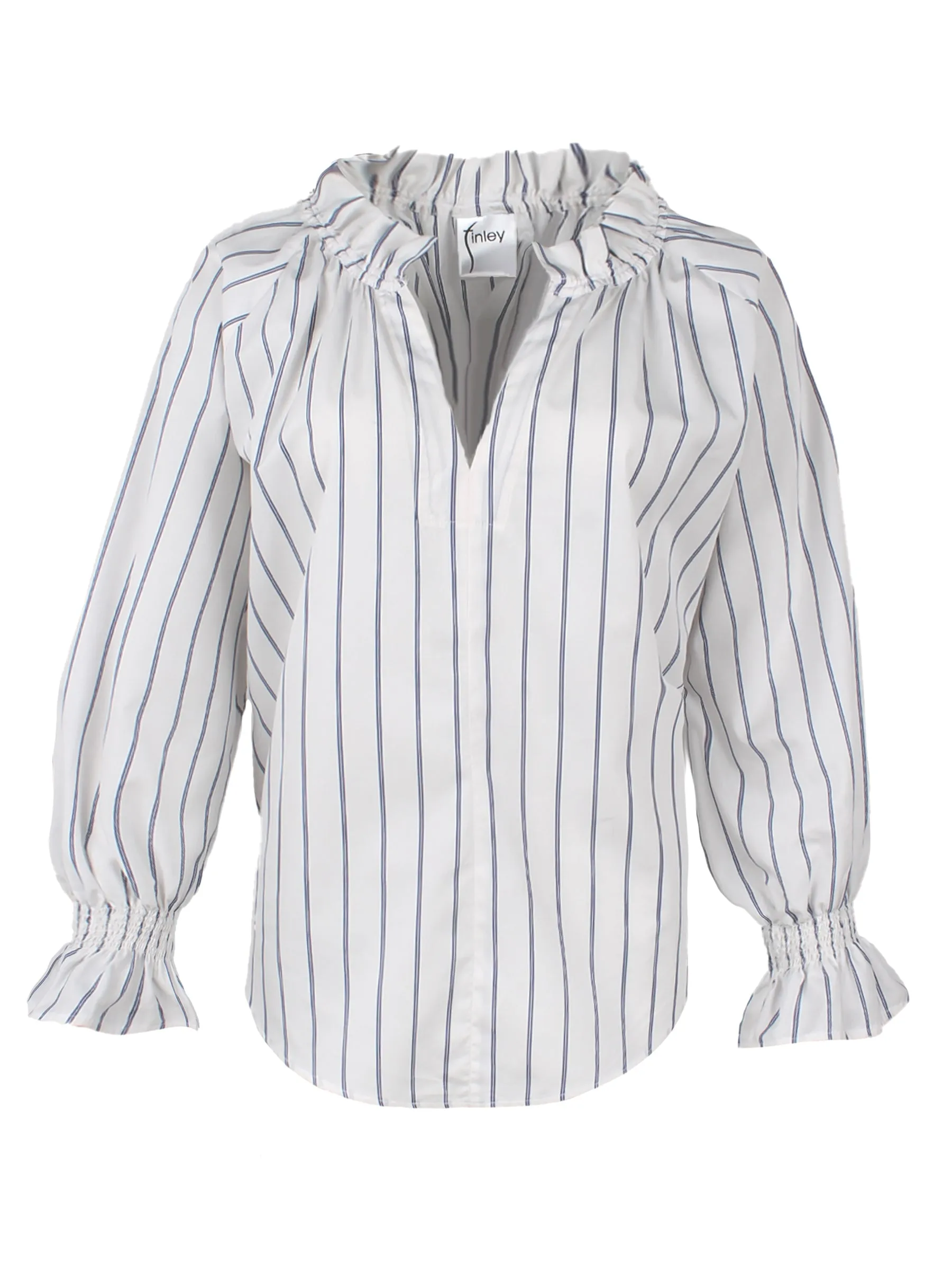 Candace Blouson Sleeve Ruffle Popover Poplin Top, Blue Pinstripe calm glow
