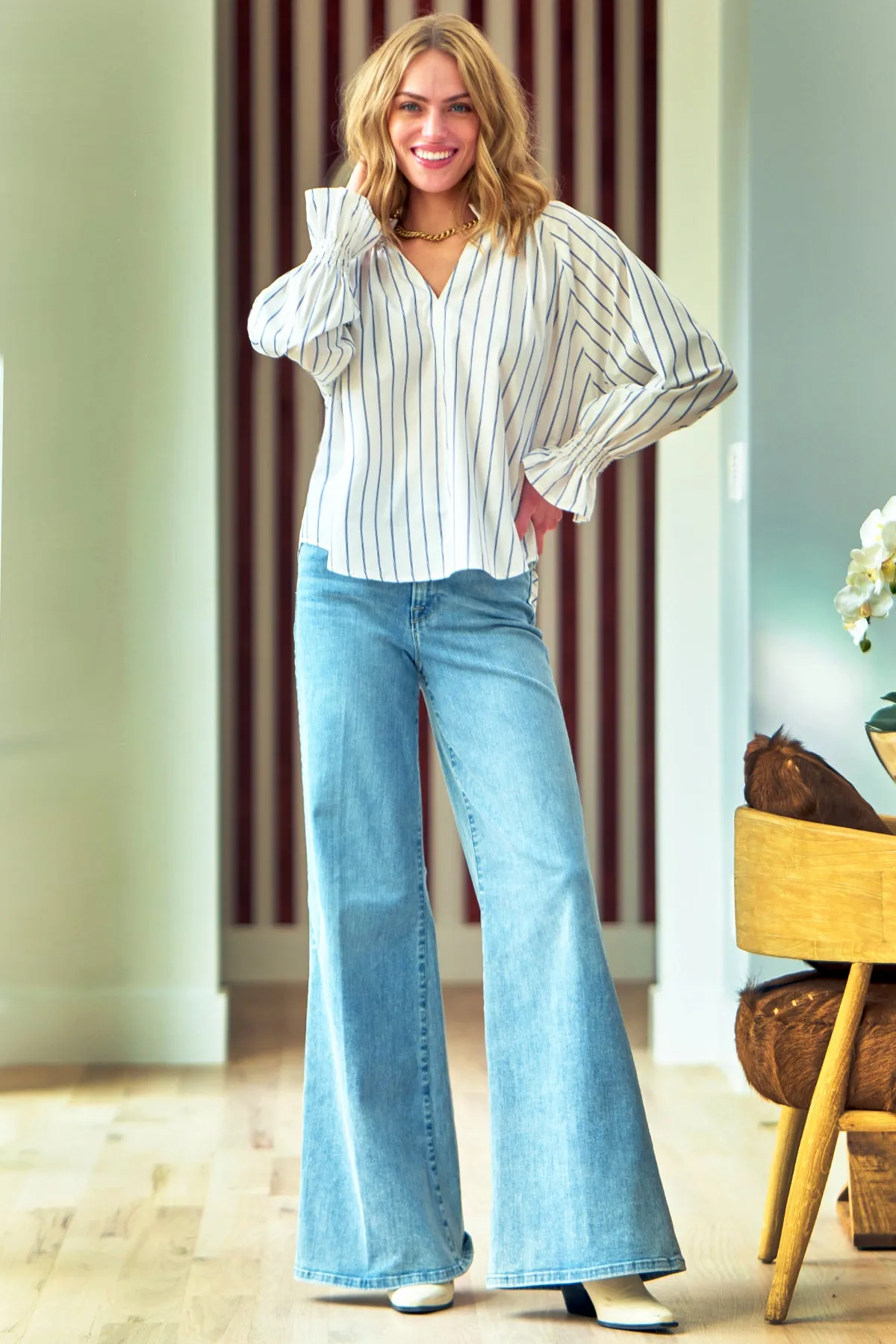 Candace Blouson Sleeve Ruffle Popover Poplin Top, Blue Pinstripe calm glow