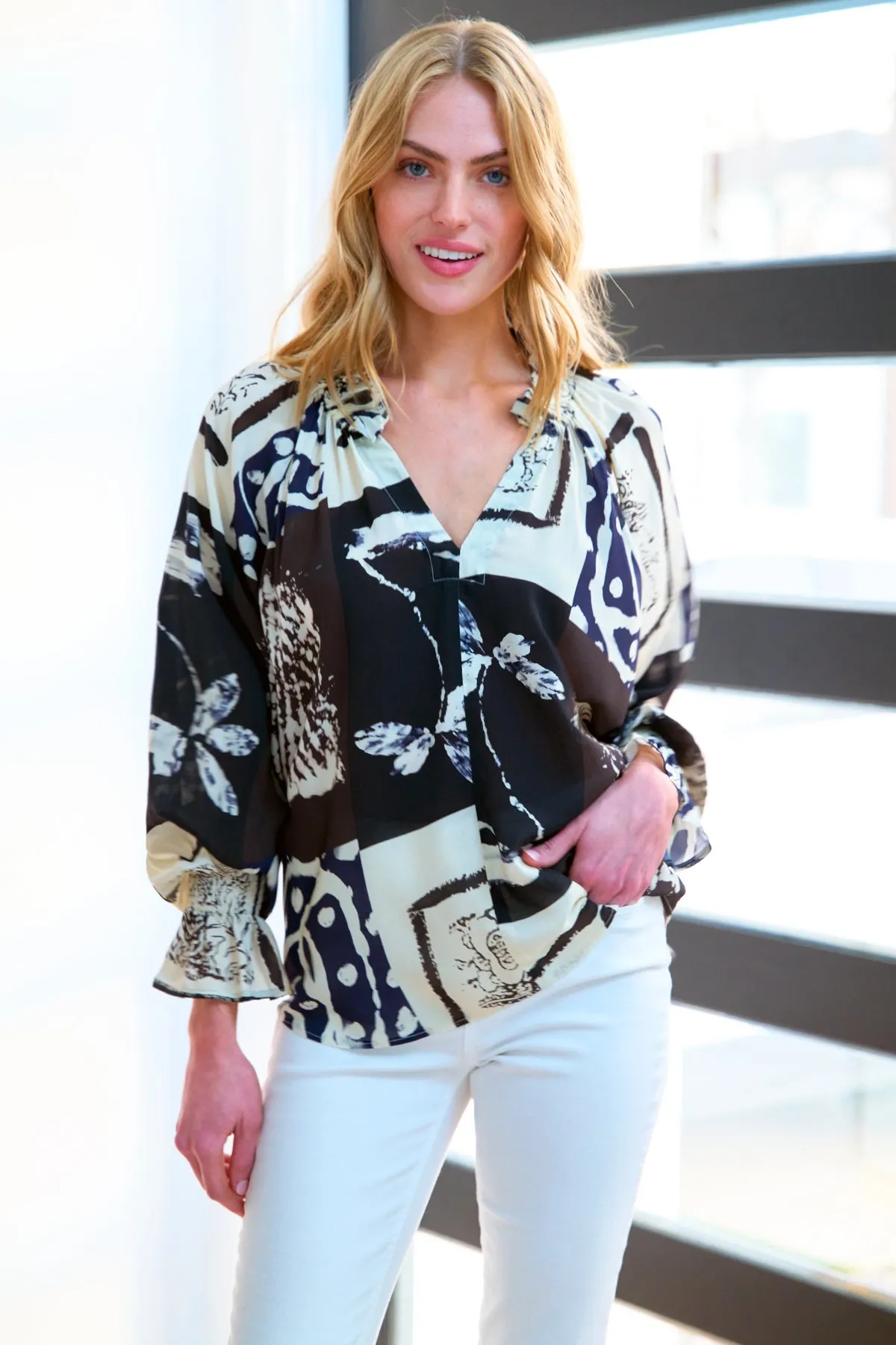 Candace Popover Top Asian Abstract Print marsh mood