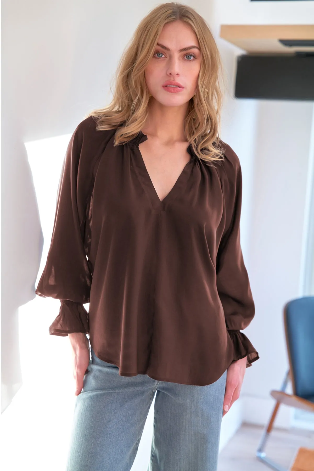 Candace Viscose Voile Popover Top Espresso Brown fuzzy zone