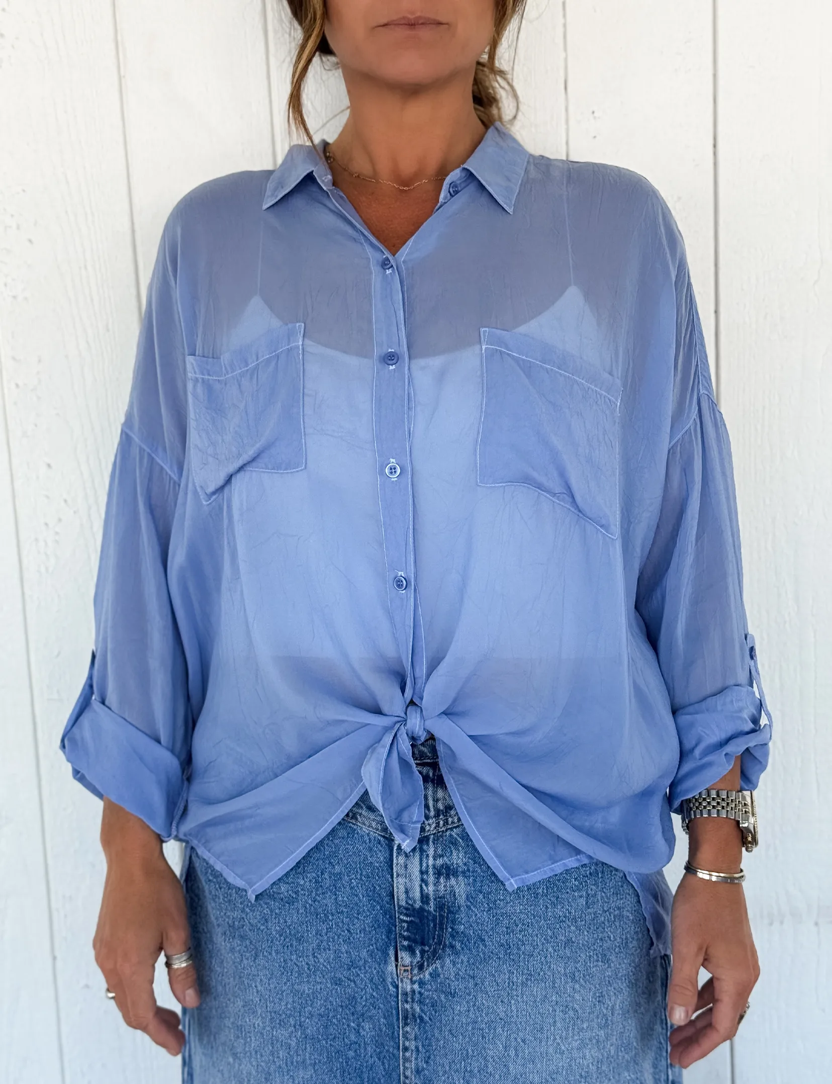 Cargo Button Down Tie Top, French Blue flare cuff