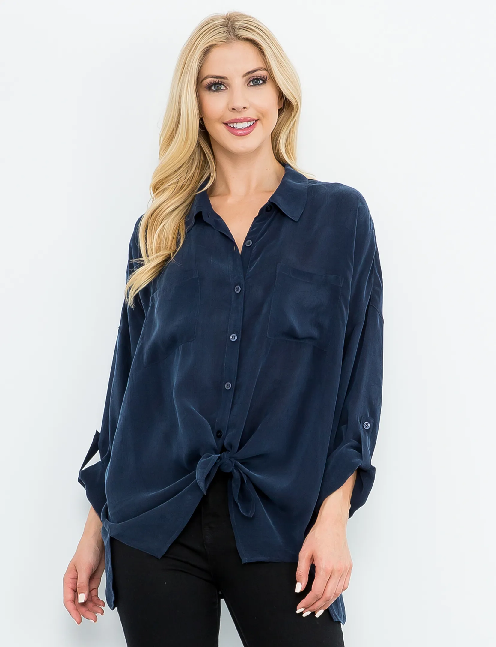 Cargo Button Down Tie Top, Navy calm mood