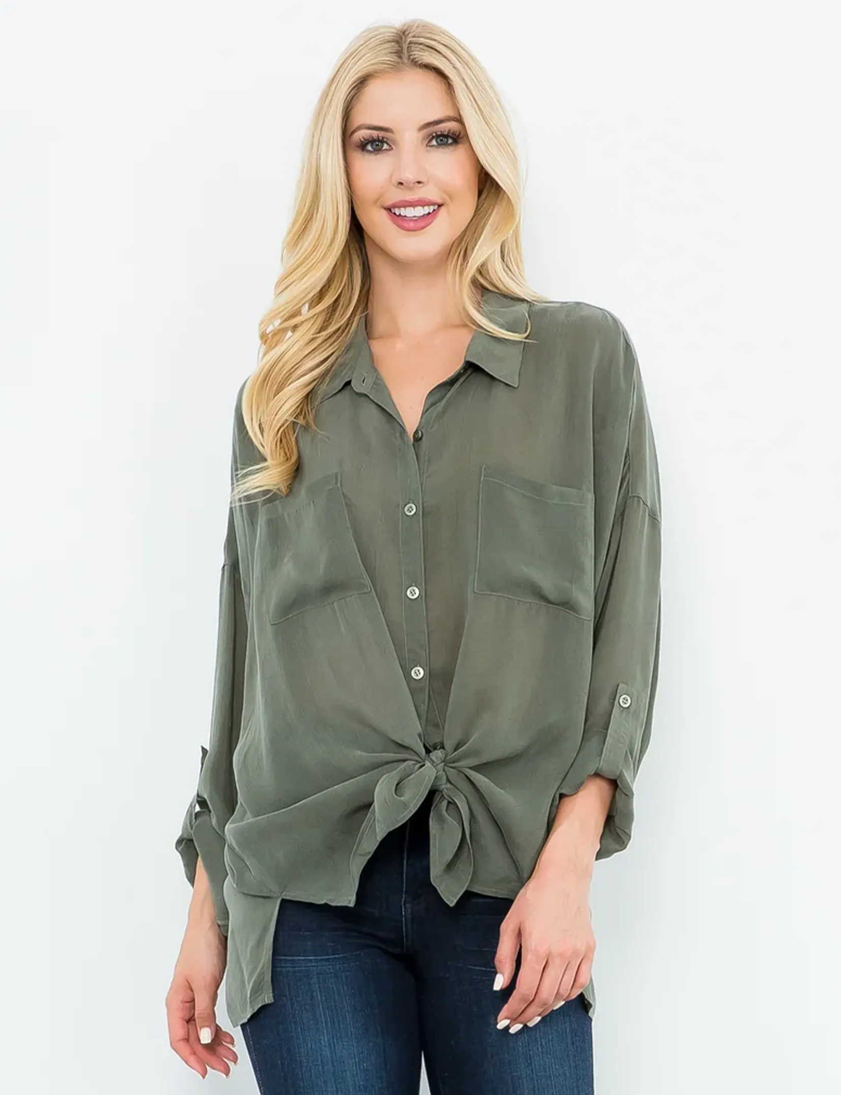 Cargo Button Down Tie Top, Olive petite fit