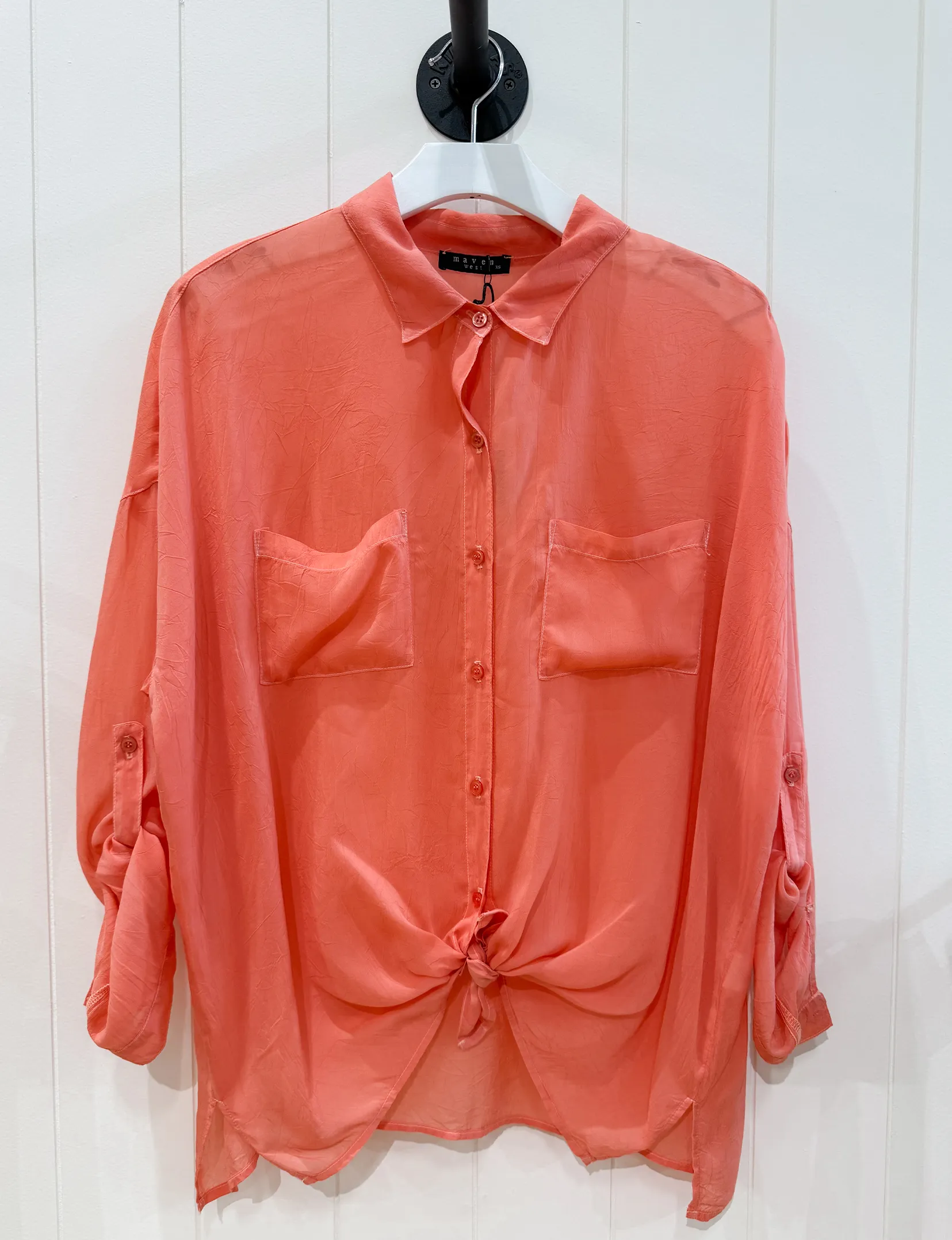 Cargo Button Down Tie Top, Peach mom soft