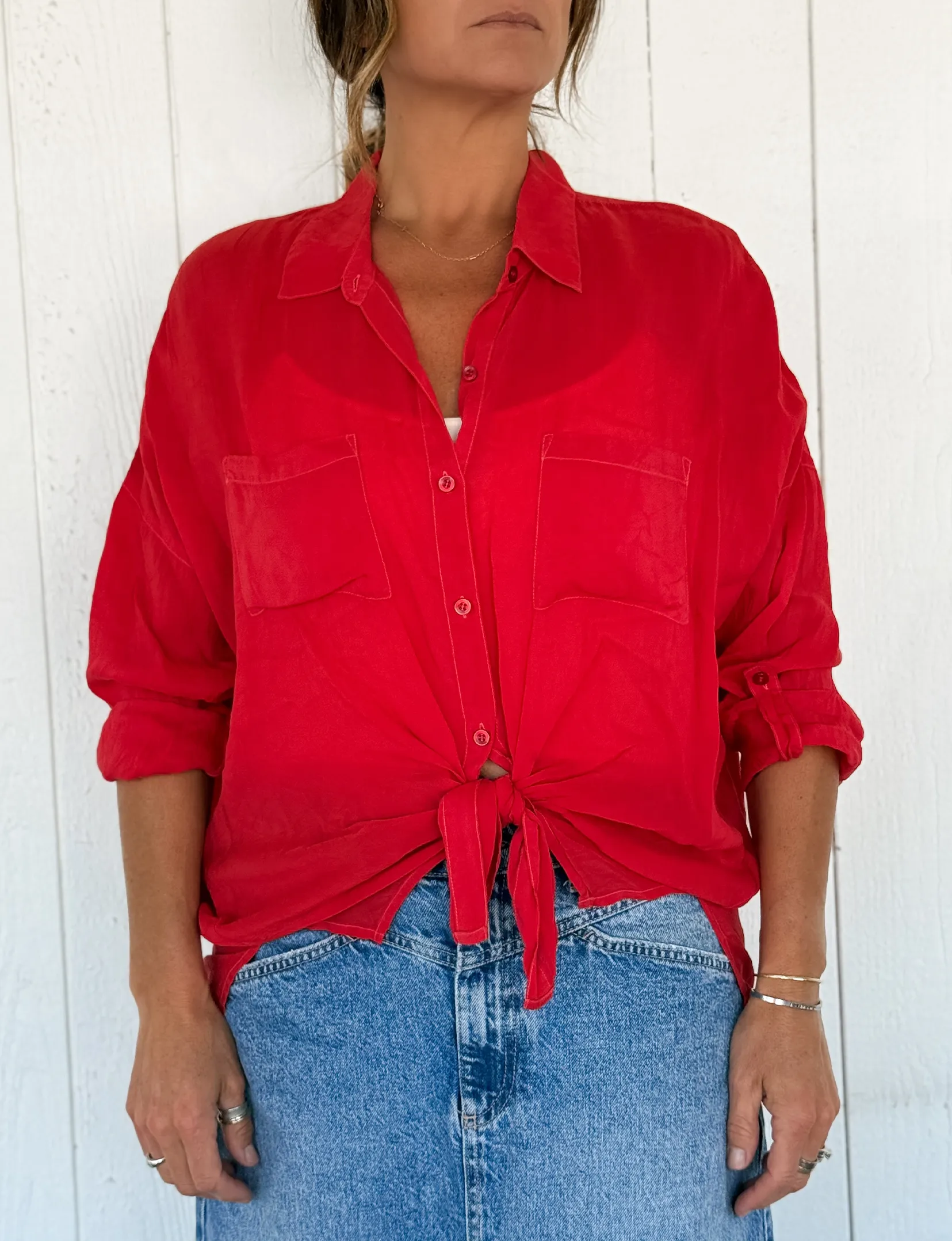 Cargo Button Down Tie Top, Red no wrinkle