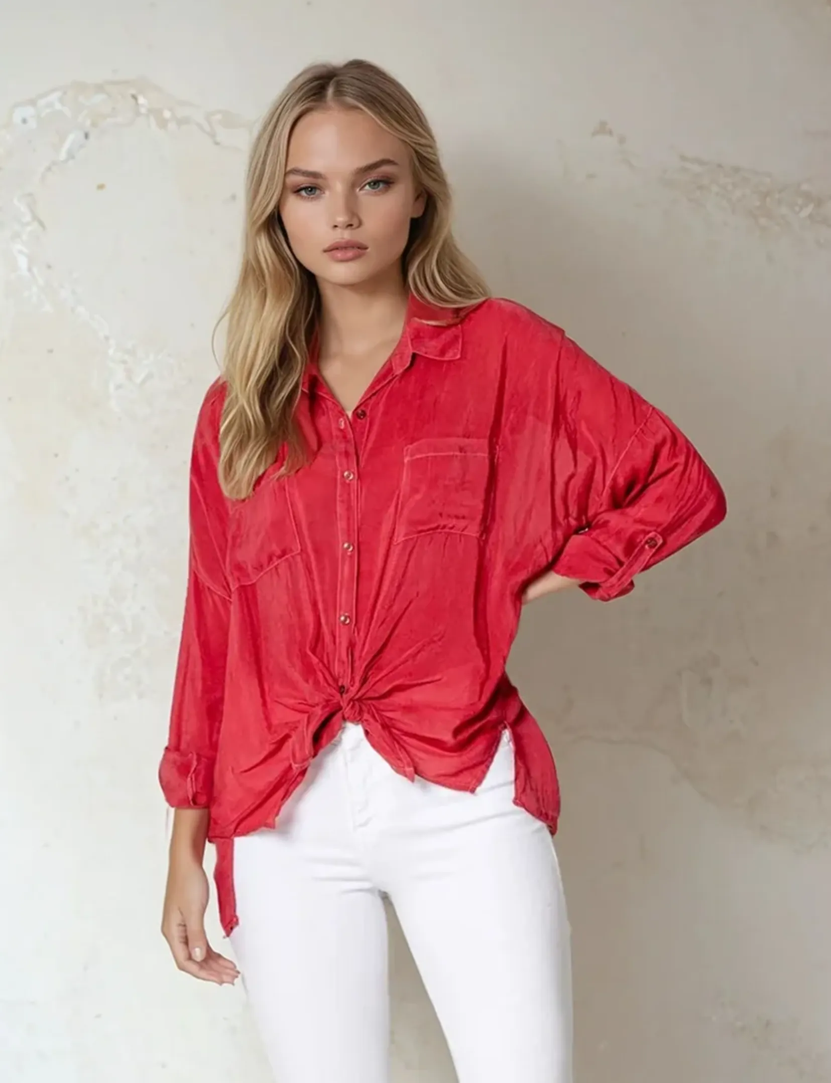 Cargo Button Down Tie Top, Red no wrinkle
