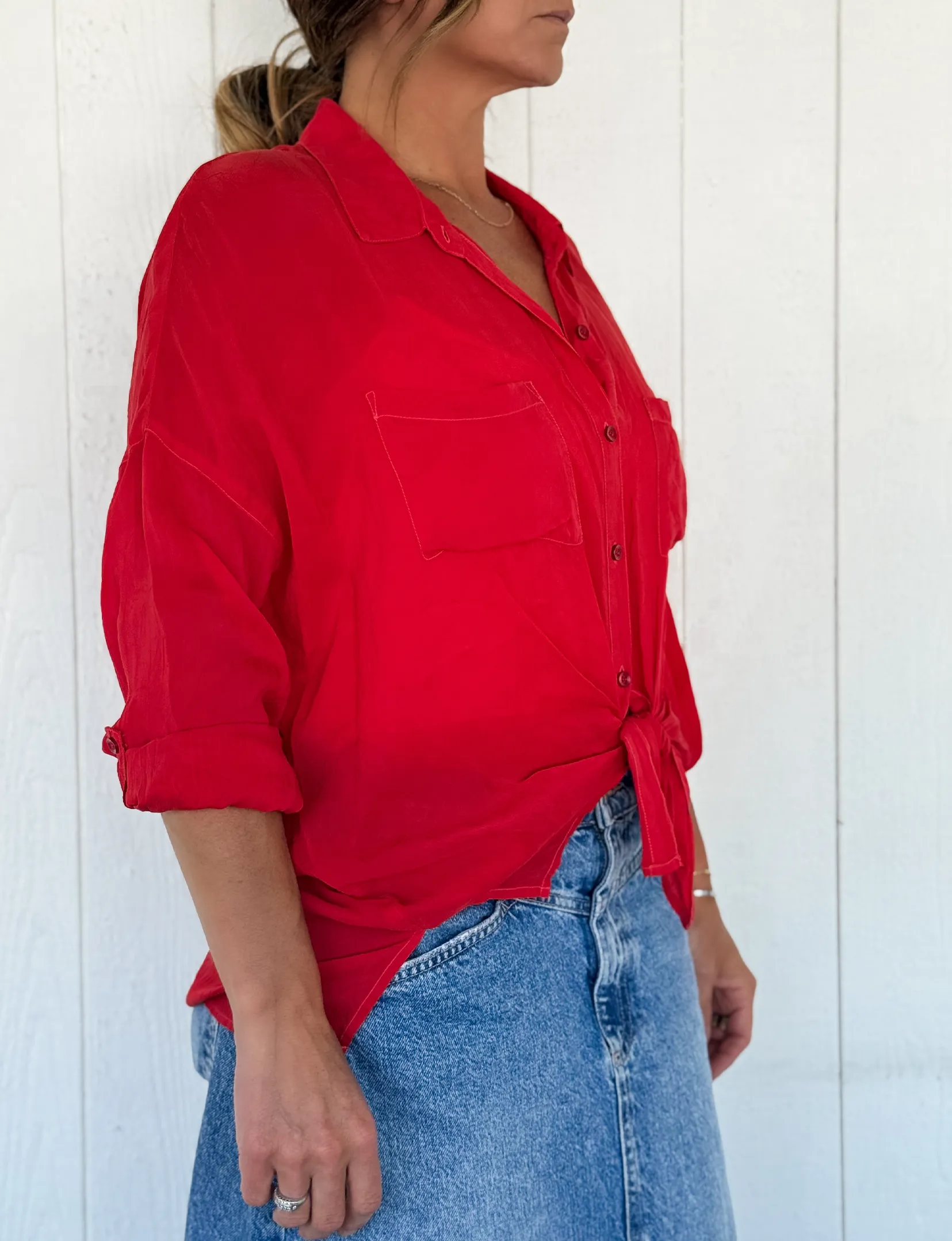 Cargo Button Down Tie Top, Red no wrinkle