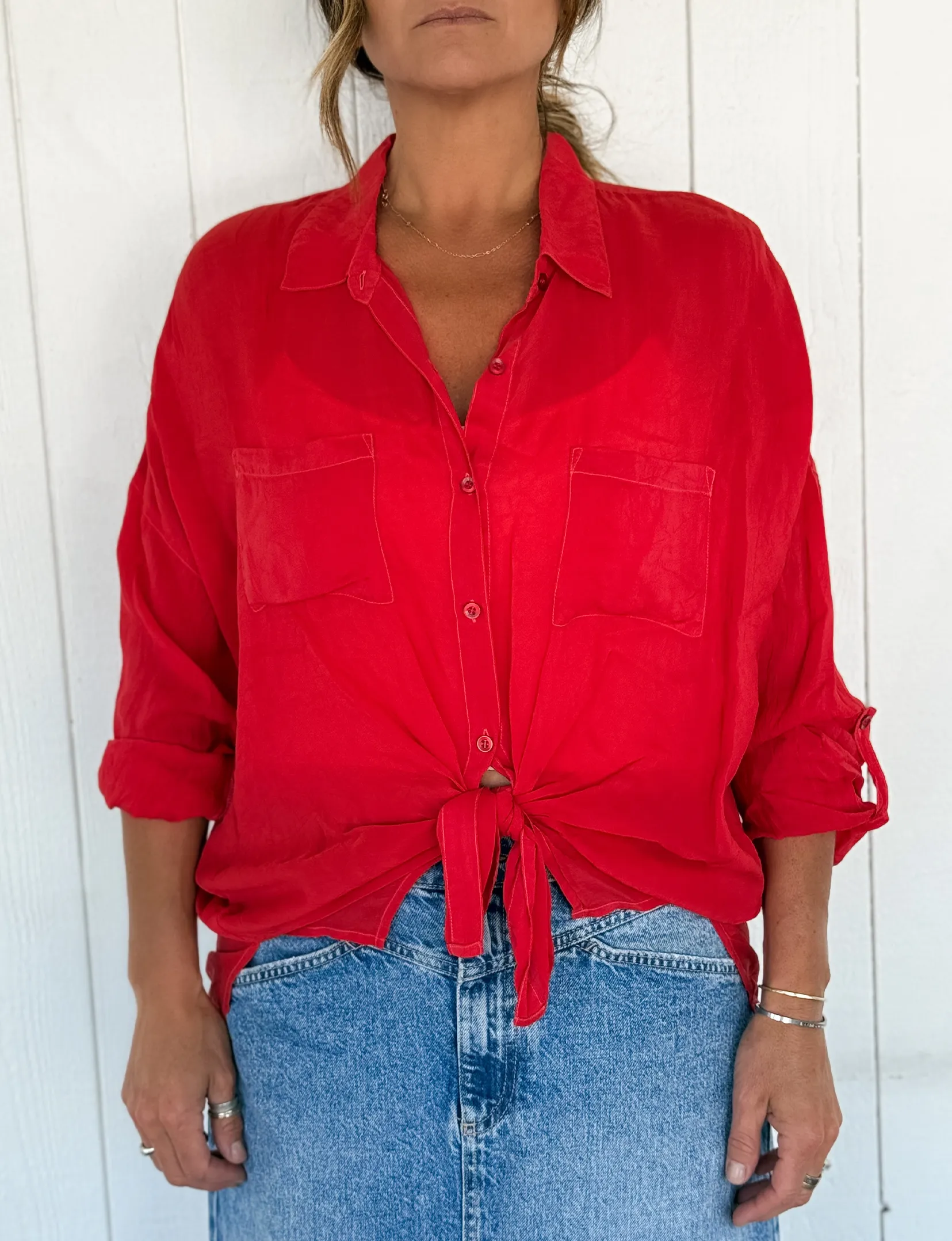 Cargo Button Down Tie Top, Red no wrinkle