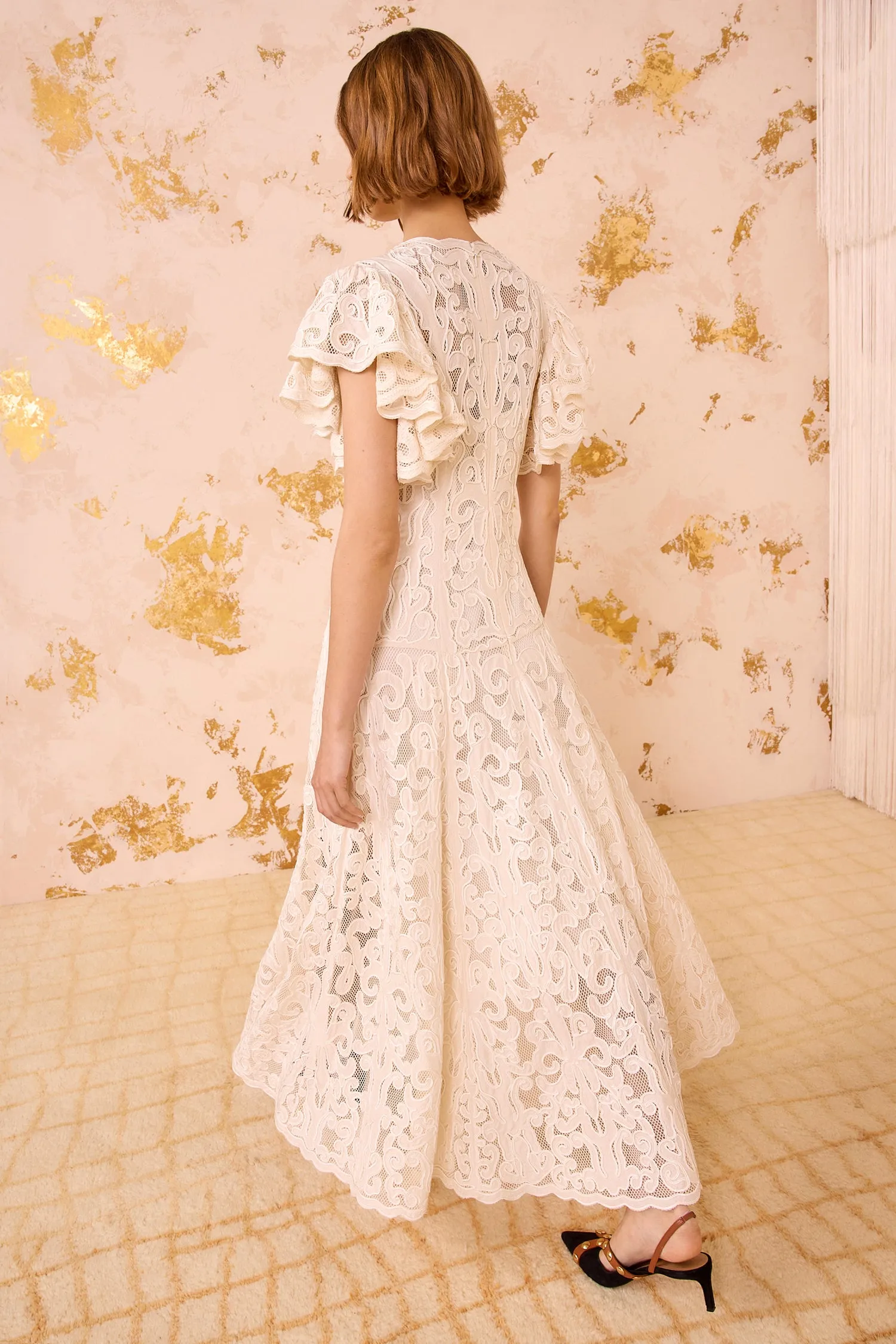 Cecile Applique Flutter Sleeve Long Dress - Chalk grace walk