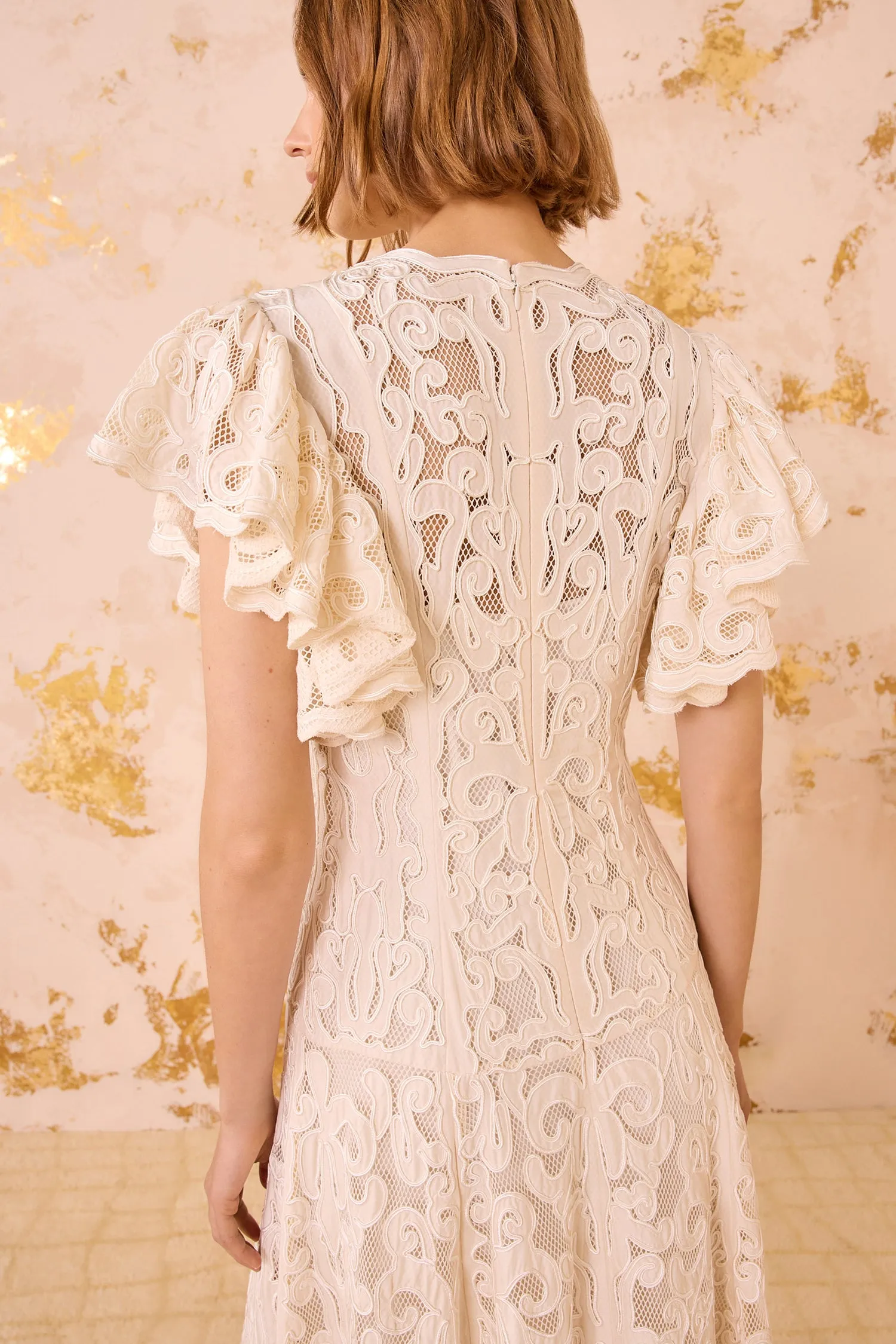 Cecile Applique Flutter Sleeve Long Dress - Chalk grace walk