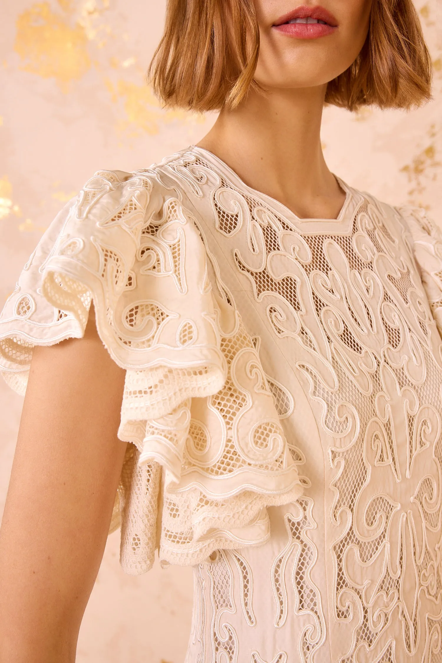 Cecile Applique Flutter Sleeve Long Dress - Chalk grace walk
