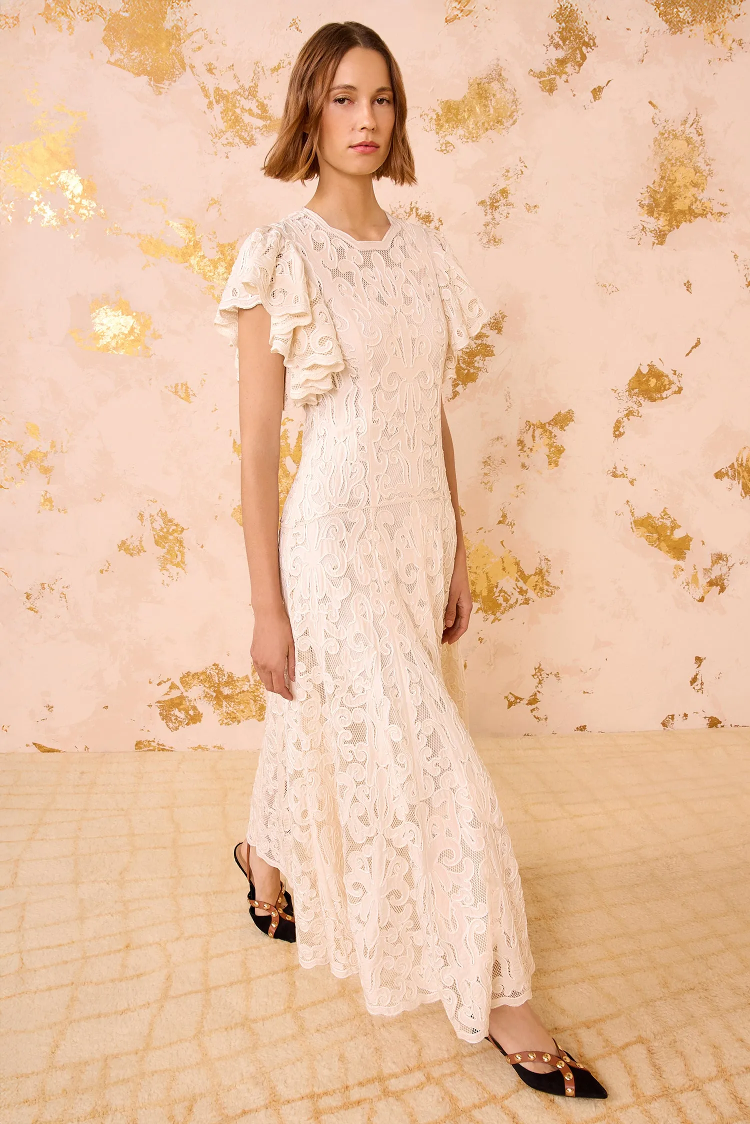 Cecile Applique Flutter Sleeve Long Dress - Chalk grace walk