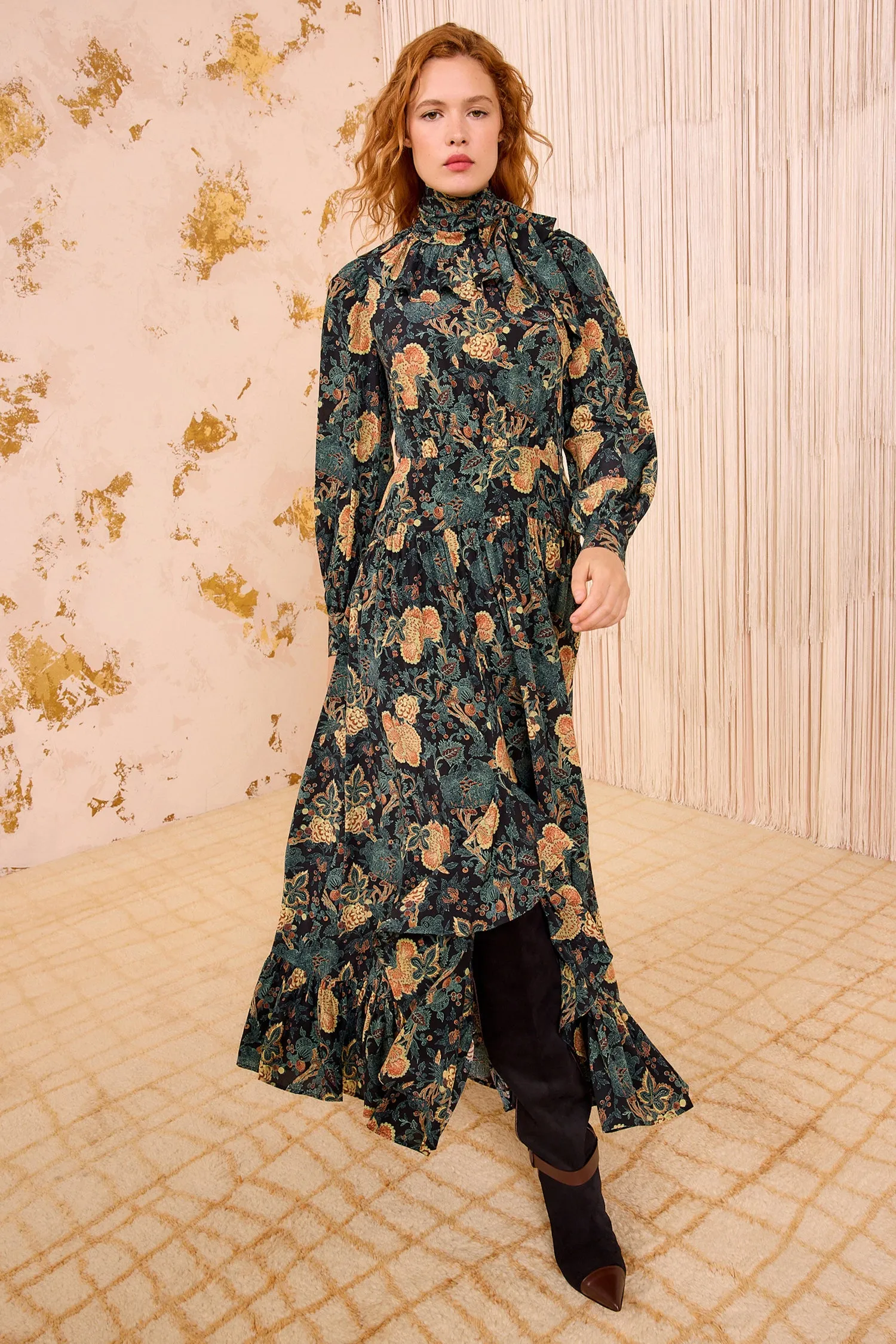 Circe Silk Long Sleeve Neck&ndash;Tie Dress - Nuit day magic
