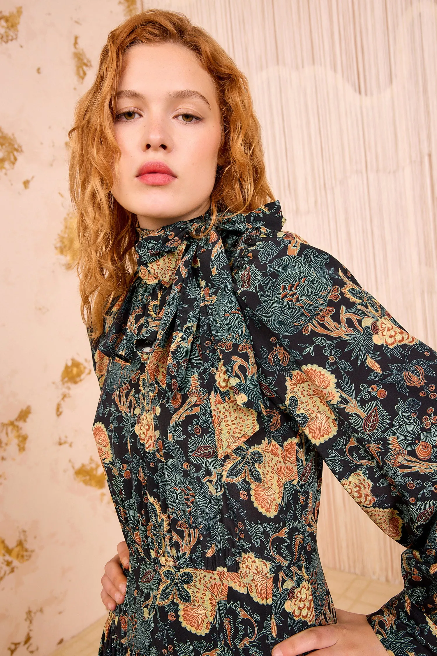 Circe Silk Long Sleeve Neck&ndash;Tie Dress - Nuit day magic