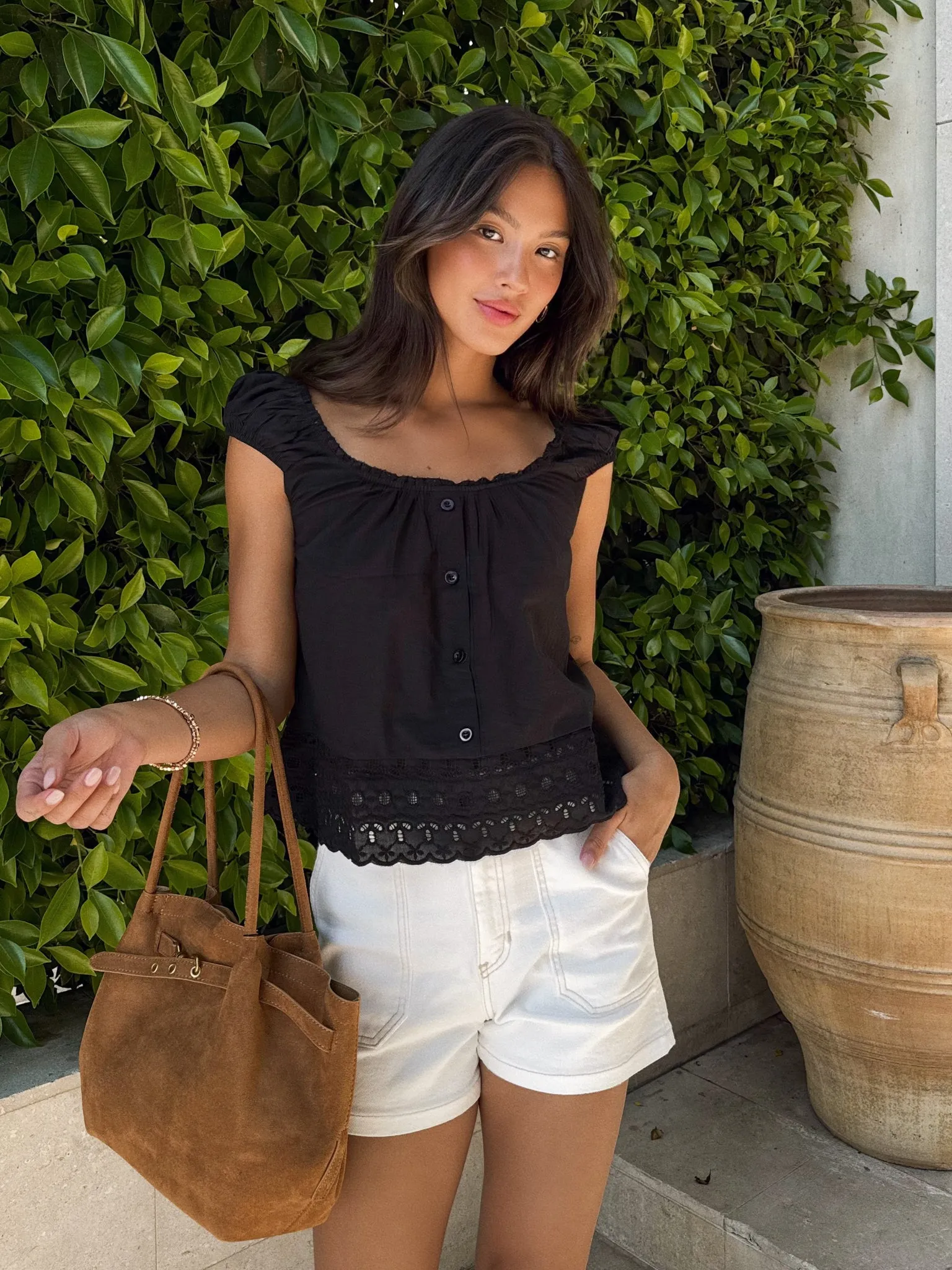 Cleo Eyelet Top in Black skin hug