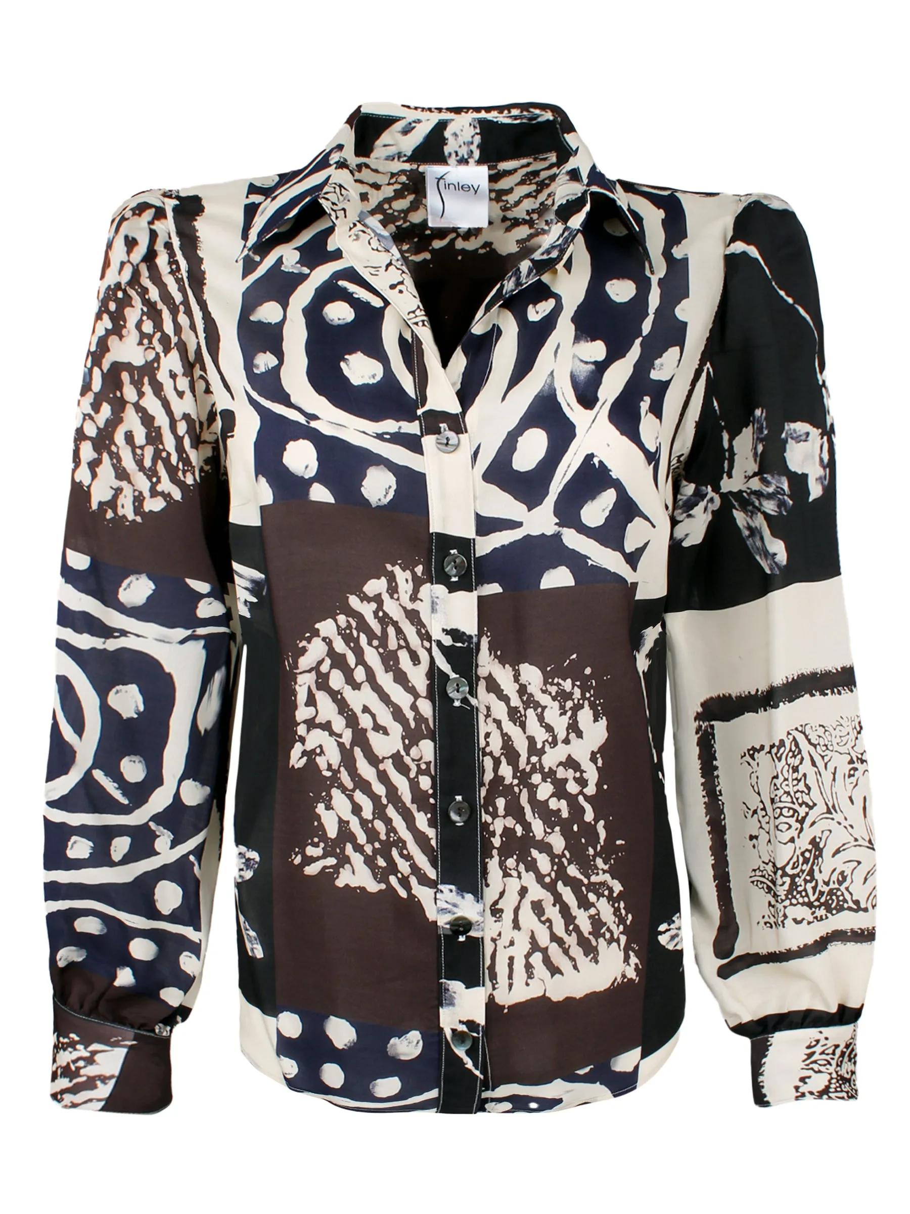 Collette Long Sleeve Blouse, Asian Abstract Print coffee break