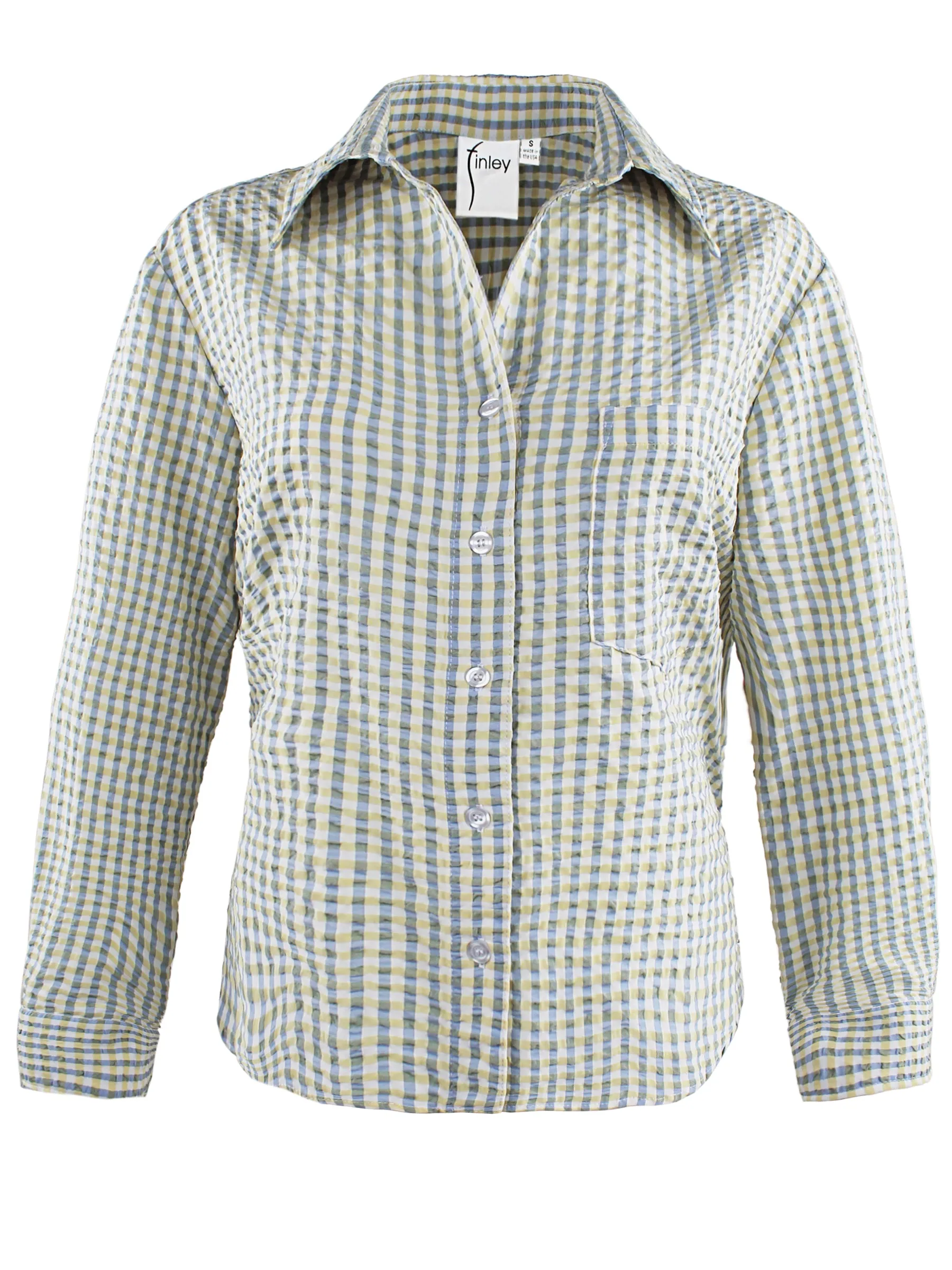 Cropped Andie Shirt Yellow/Green/White Seersucker Check - Webstore Exclusive hood up