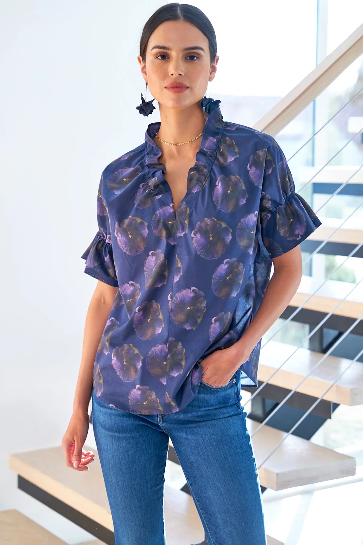 Crosby Ruffle-Sleeve Popover Shirt, Purple Pansy Print cloud knit