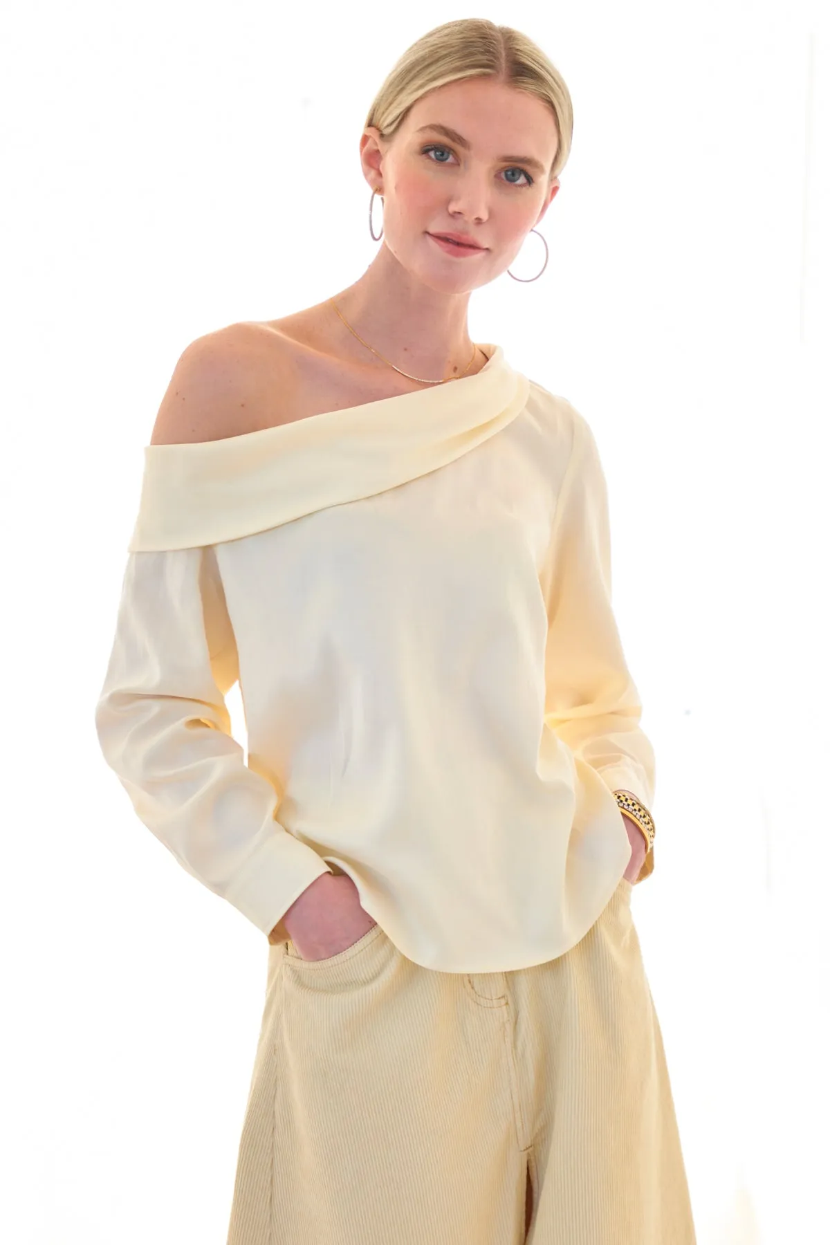 Dani Long Sleeve Off Shoulder Top, Washed Cupro Cotton Cream cabin chill