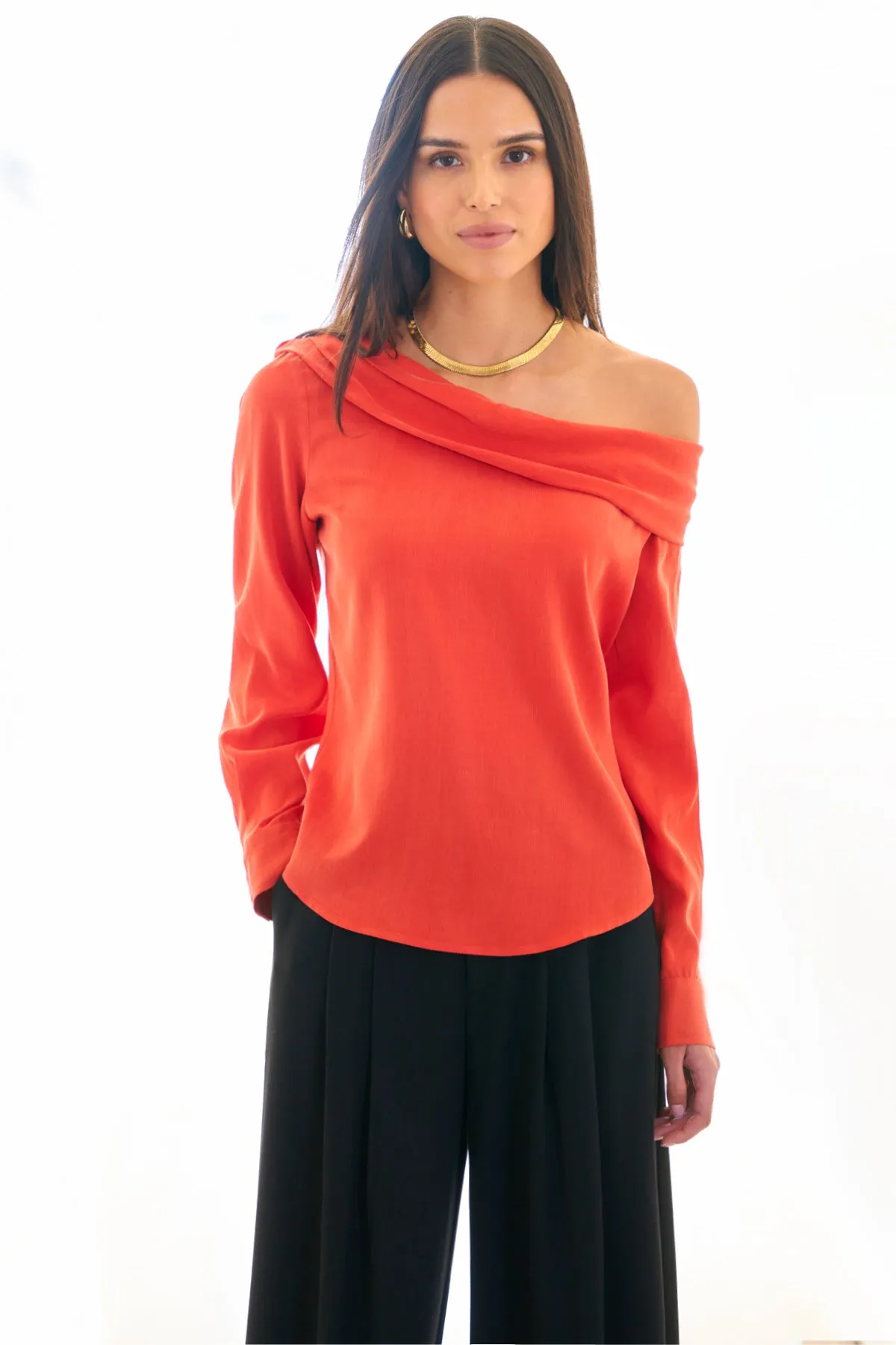 Dani Long Sleeve Off Shoulder Top Washed Cupro Cotton Flame Red still mind