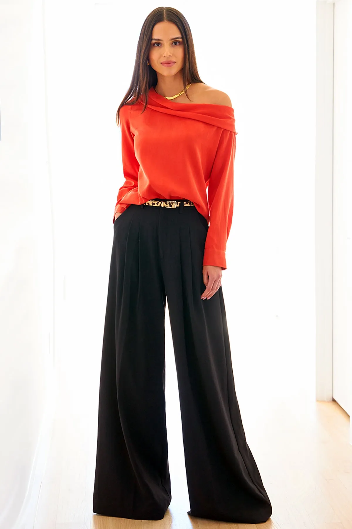 Dani Long Sleeve Off Shoulder Top Washed Cupro Cotton Flame Red still mind